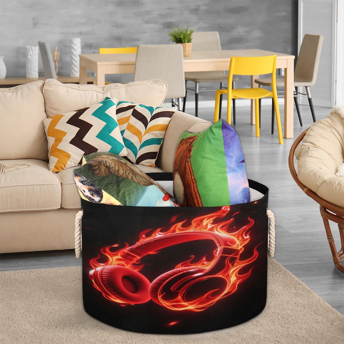 Large Storage Baskets - Red Fire Headphones Nursery Round Collapsible Organizer Bin Box, Laundry Hamper for Kids Toys, Blanket, Bedroom Living Room Home Decor, Gift Basket, 19.4"x13.3"
