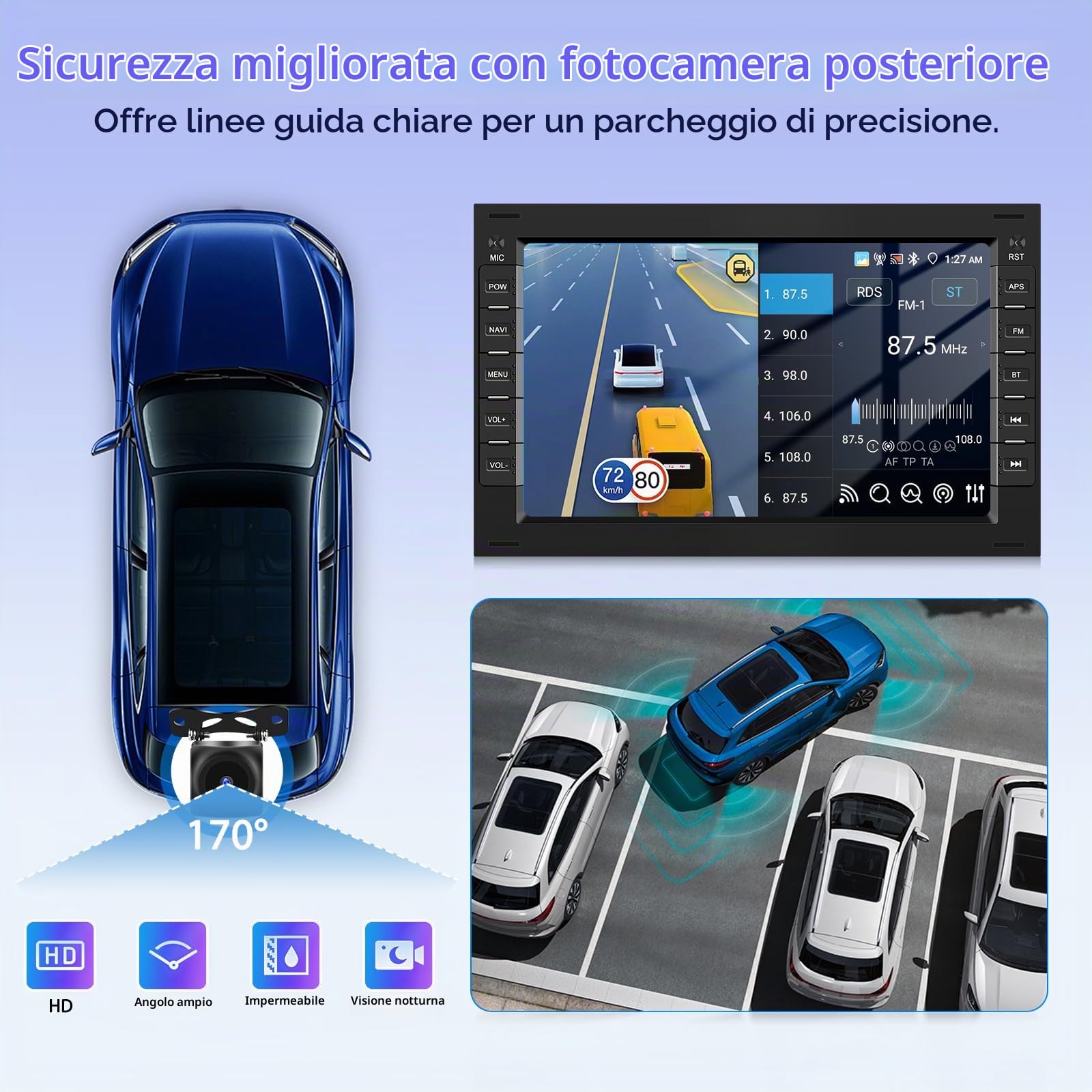 [4G+64G] Autoradio Motorsi Android 15 per Volkswagen/Polo/Passat/VW Golf 5 6, schermo touch HD da 7'', autoradio wireless Carplay con GPS, Android Auto, USB, FM/RDS, EQ, telecamera per la retromarcia.