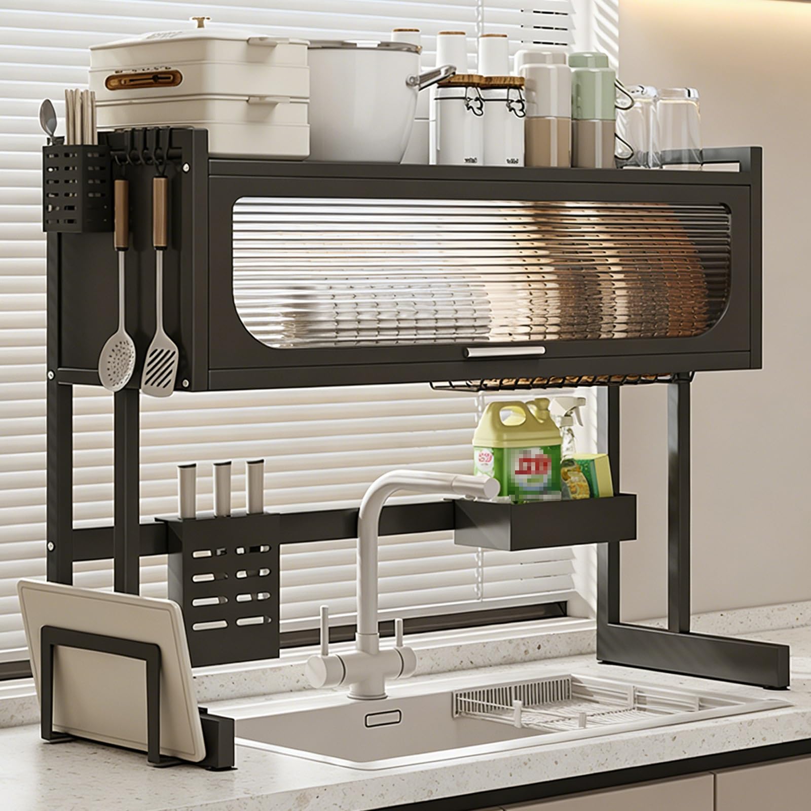 THNSAWX Dish Drying Rack with Cover, Over Sink Dish Drainer Rack with Acrylic Door, Carbon Steel Dishes Storage Racks for Kitchen Counter, Space-Saving, for Bowls, Cutlery(Black,75cm/29.5in)