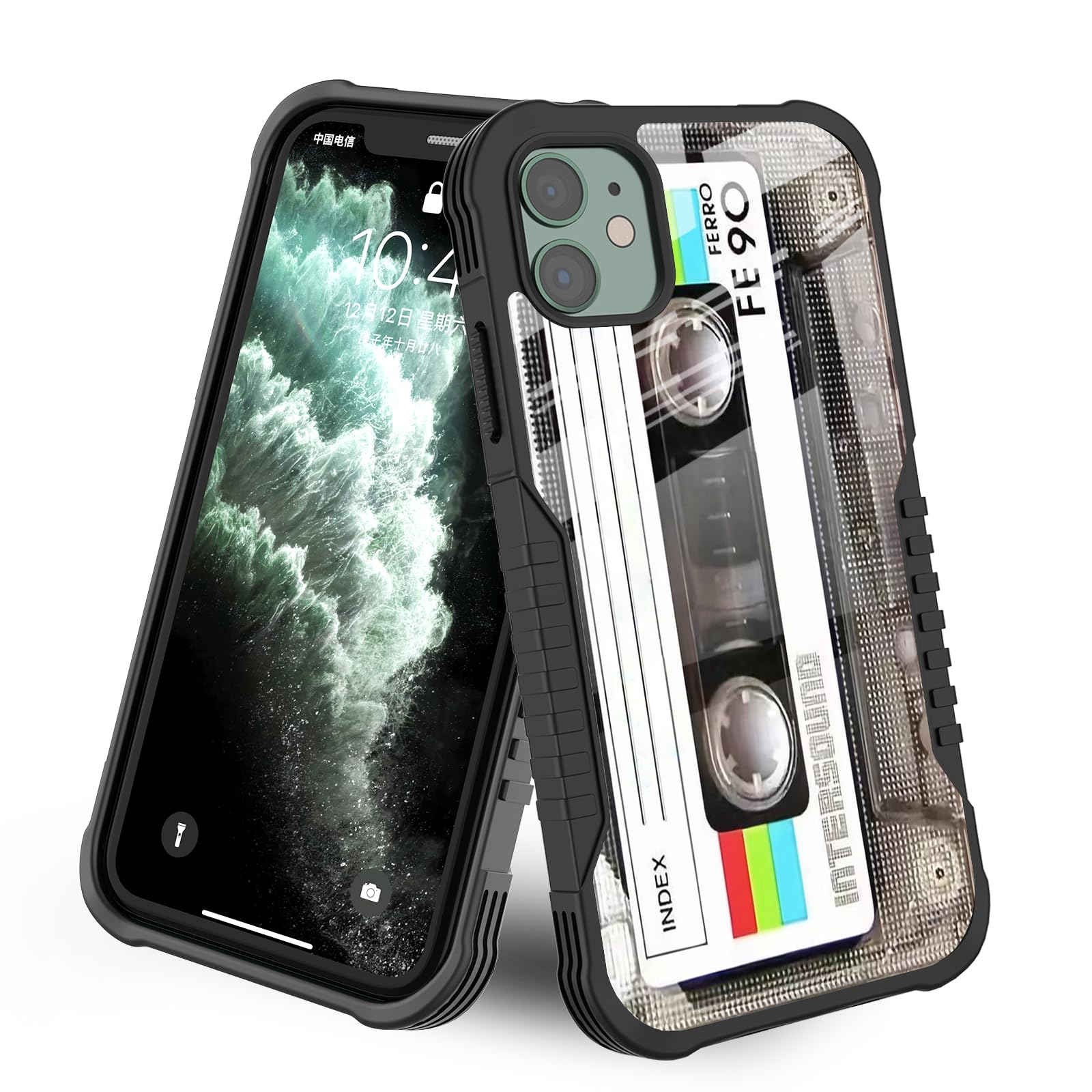 Compatible with iPhone 12/12 Pro case [Shockproof Bumper] [Anti-Scratch] [Anti-Slip] Heavy Duty Protection Cover for Women Men Boys Girls - Retro Cassette Tape