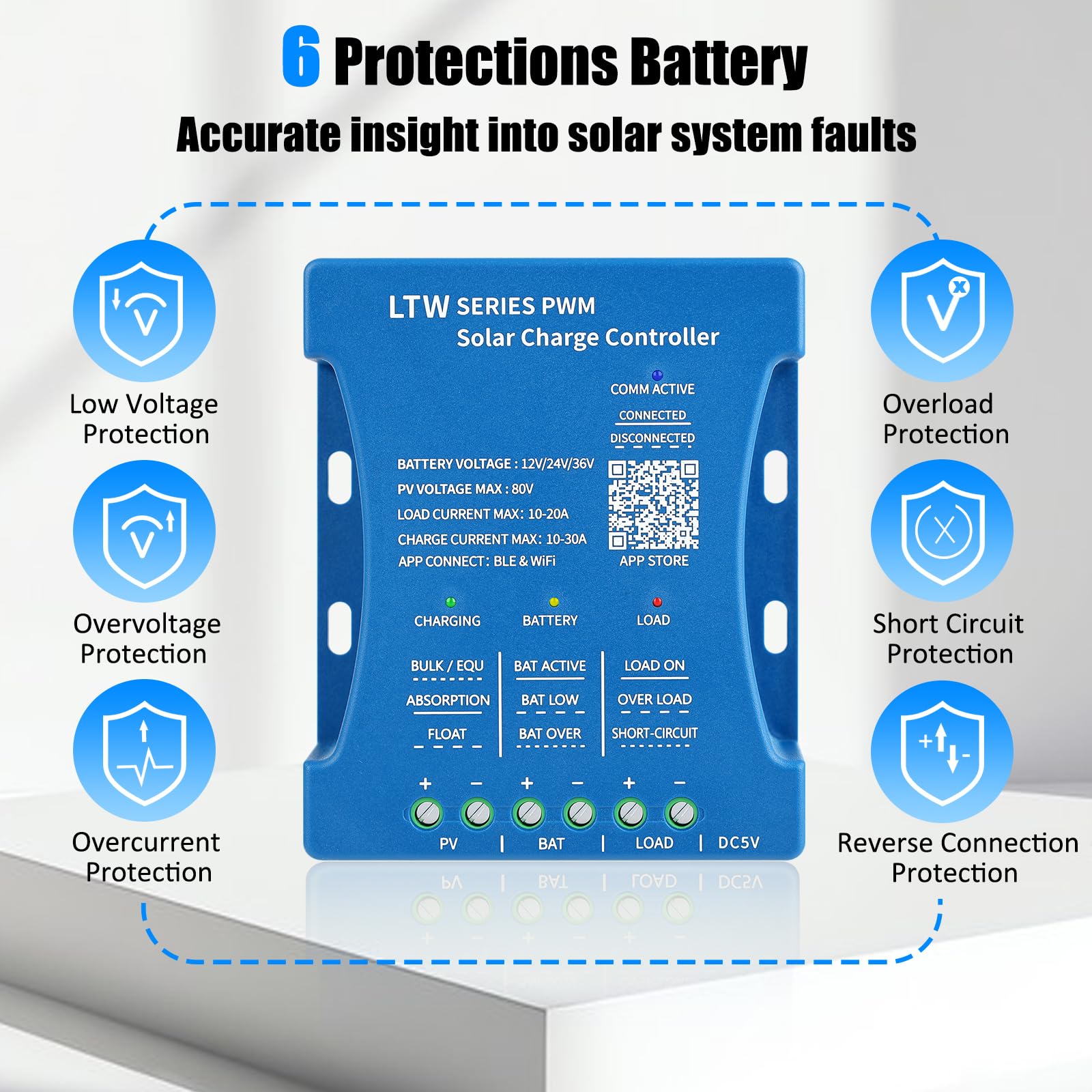 【Regolatore solare WiFi 30A 12V】Regolatore di carica solare 30A 12V/24V/36V Controllo ultra-remoto WiFi PV:80V Controller intelligente Bluetooth per pannello solare PWM per acido al piombo, LiFePO4