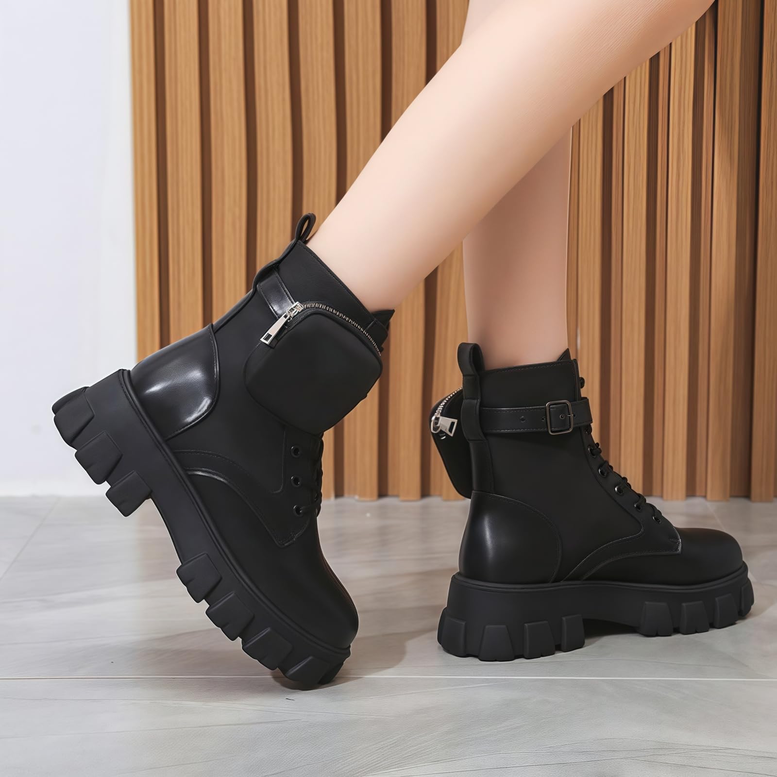 Donna piattaforma Lace-Up stivali da combattimento rotondo chiuso dita tacco basso caviglia stivali corti con tasca tasca tacco medio spessa suola Punk moto autunno inverno stivali