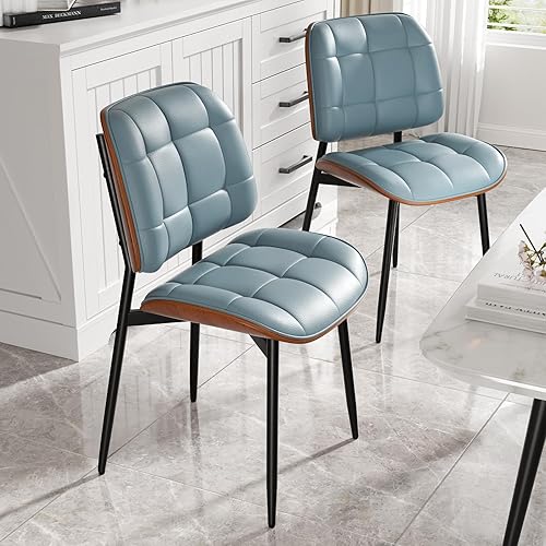 Miniatura 8 de Juego de 2 sillas de comedor, modernas de mediados de siglo con cojín grueso, sillas de cocina tapizadas de piel sintética con respaldo de madera