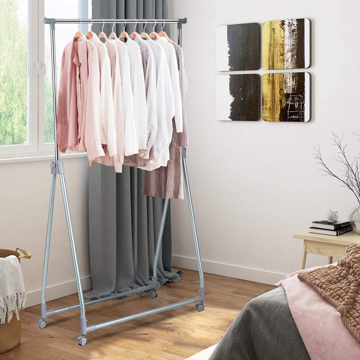 Moccha Extendable Garment Rack Clothes Rail, Heavy Duty Foldable Clothes Laundry Drying Rack with Adjustable Hanging Rod Rolling Casters, Movable Clothes Hanger for Home Office Store Market