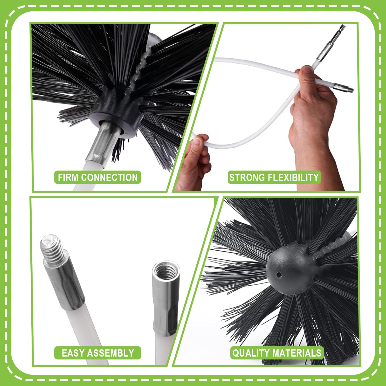 Set di 31 spazzole per camino Premium (150 mm) – 20 aste flessibili con 2 spazzole, spazzola per asciugatrici, guanti, custodia per camino, canna fumaria, cappa aspirante, asciugatrice