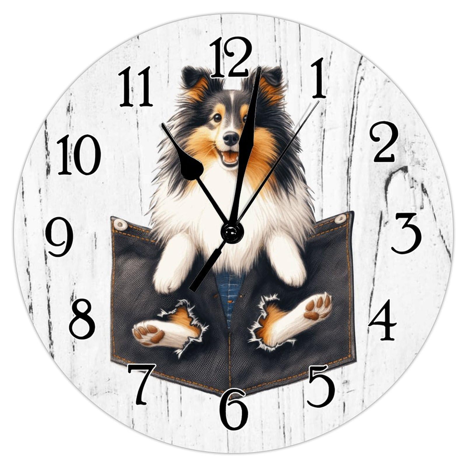 Swavecat Wood Clock Sheltie Art Clock Sheltie Funny Pocket Peeking Dog Clocks for Wall Non-Ticking Battery Operated Round Clock Dog Pet Portrait Clocks for Living Room 12x12in