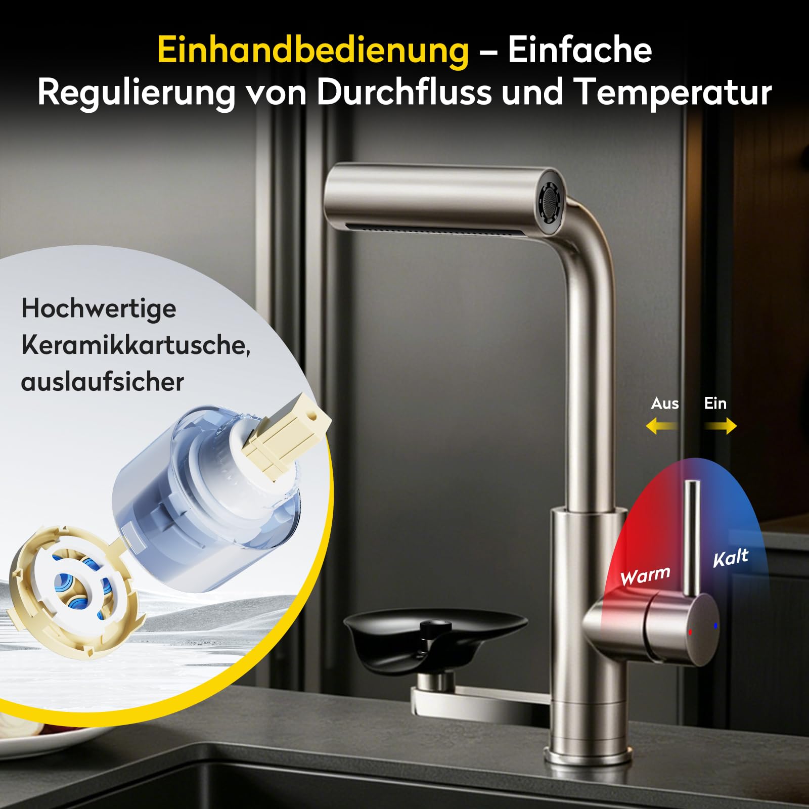 JONKEAN Hochdruck Küchenarmatur mit Brause und Glasspüler | Einhebelmischer mit 4 Strahlarten, Waterfall Spültischarmatur, 360°-Drehung Mischbatterie, 304 Edelstahl, für Bar und Küche
