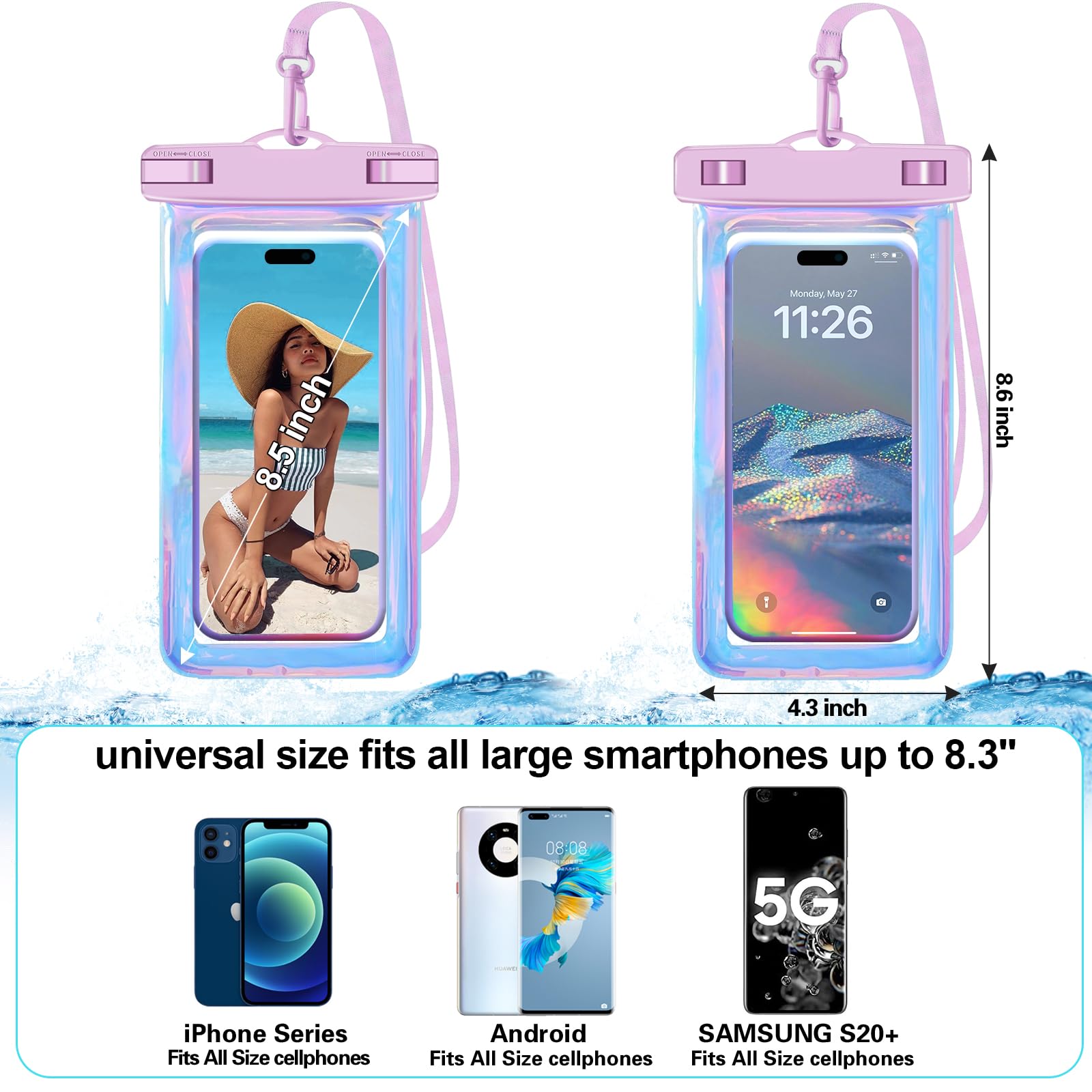 Famoby Paquete de 4 bolsas impermeables iridiscentes para teléfono, funda impermeable para teléfono celular, nivel de protección: IP68, crucero por la playa para iPhone, Samsung y más, cordón incluido