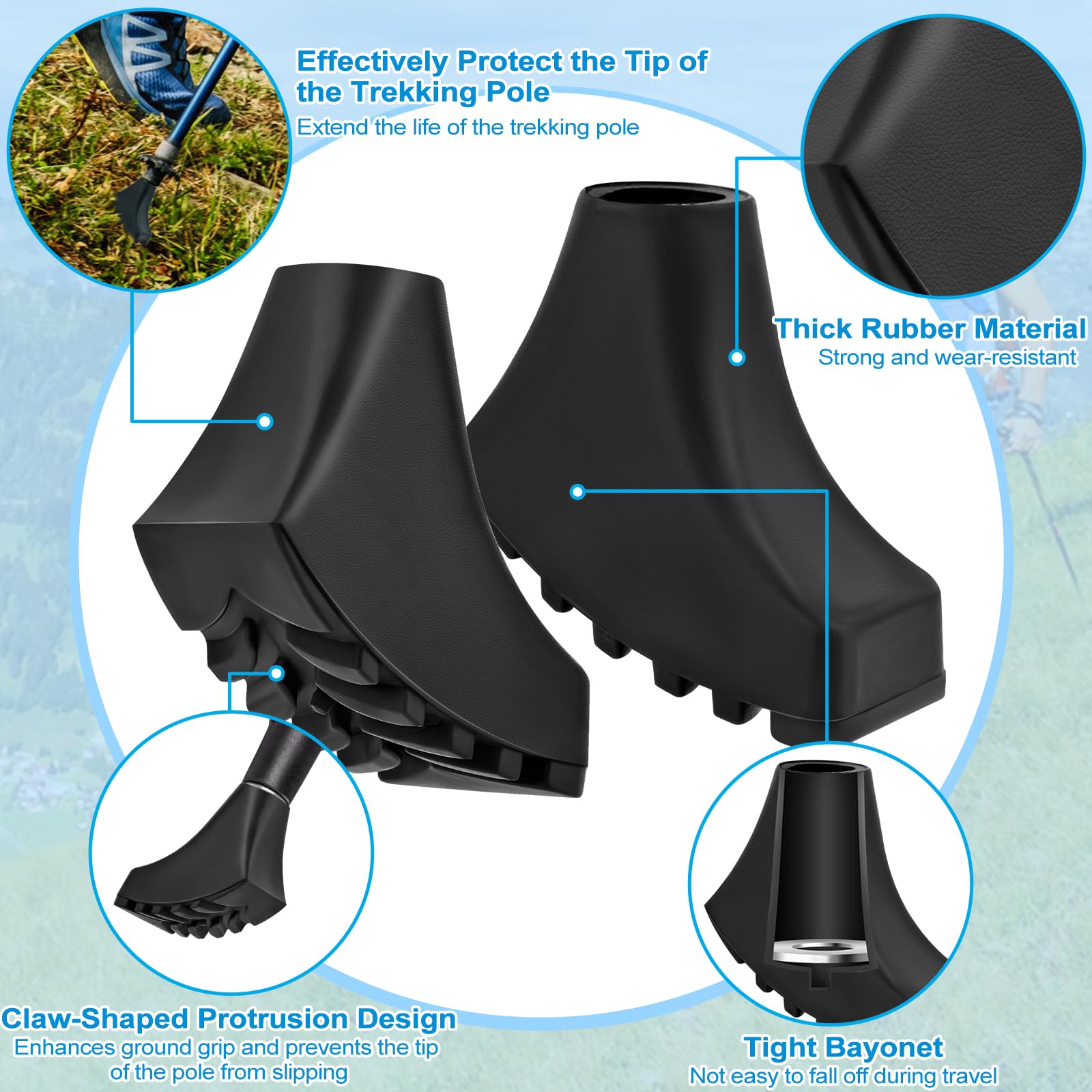 Puntas de Goma de Bastones Senderismo y Bastones Trekking (11mm), Antideslizantes Tapas para Bastones de Senderismo, para Almohadillas Resistentes para Asfalto, Grava y Montaña （B）