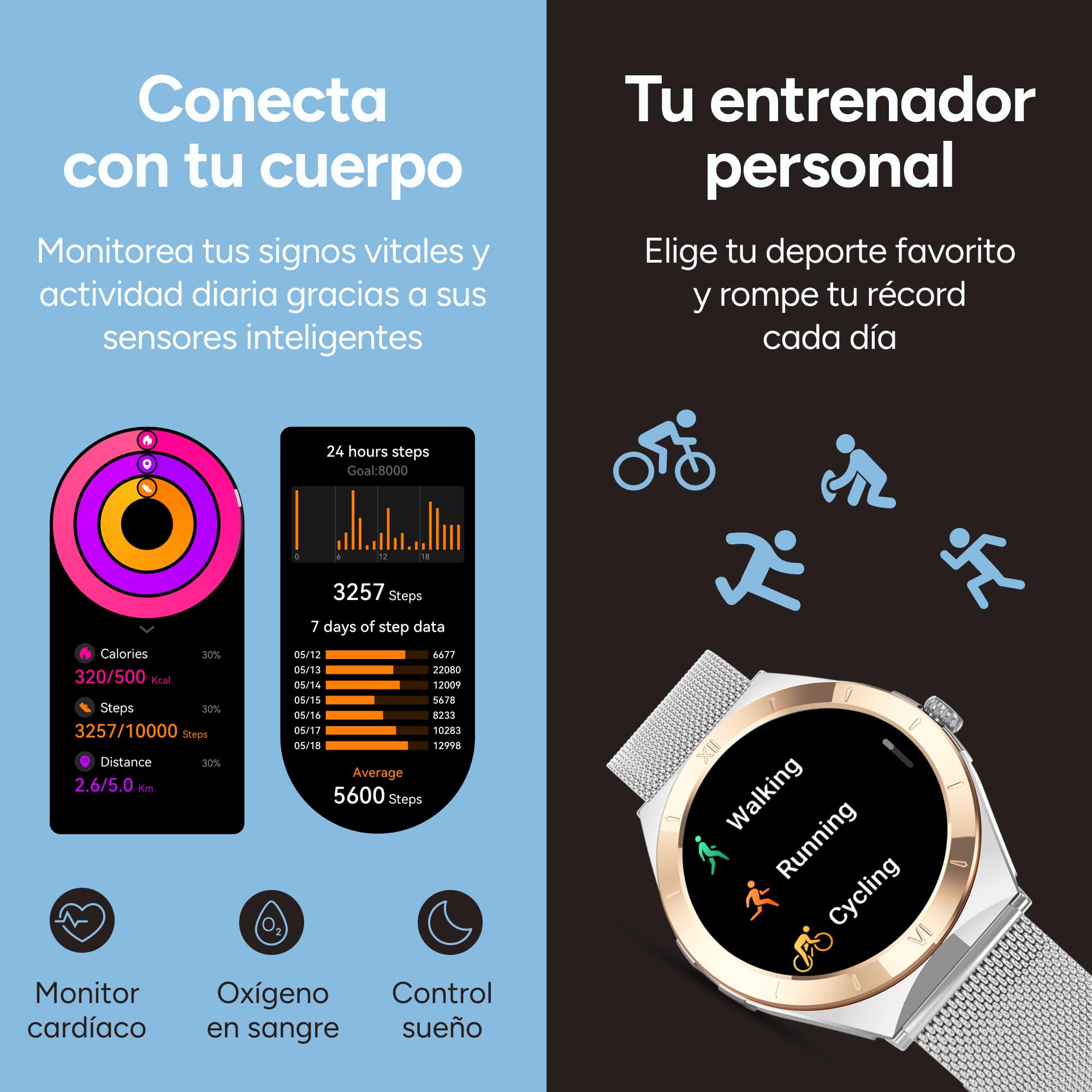 KSIX LYA Go Smartwatch Mujer, Pantalla AMOLED 1.19", Autonomía 5 días, Modos Deporte y Salud, Notificaciones, Llamadas, Asistente de Voz, 2 Correas Metal y Silicona - Plata y Beige