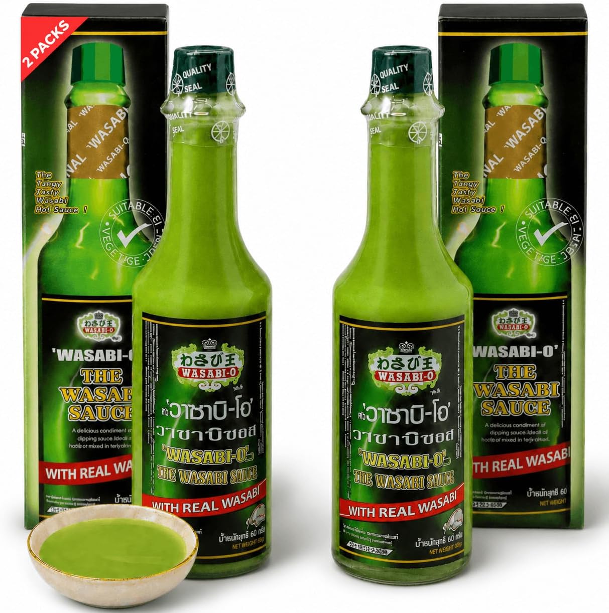 Wasabi-O Hot & Spicy Wasabi Sauce - Real Japanese Sauce - Vegan, Gluten-Free & Organic Wasabi - Mild Heat for Sushi, Seafood, Steak, Dipping 2 X 2.2 OZ
