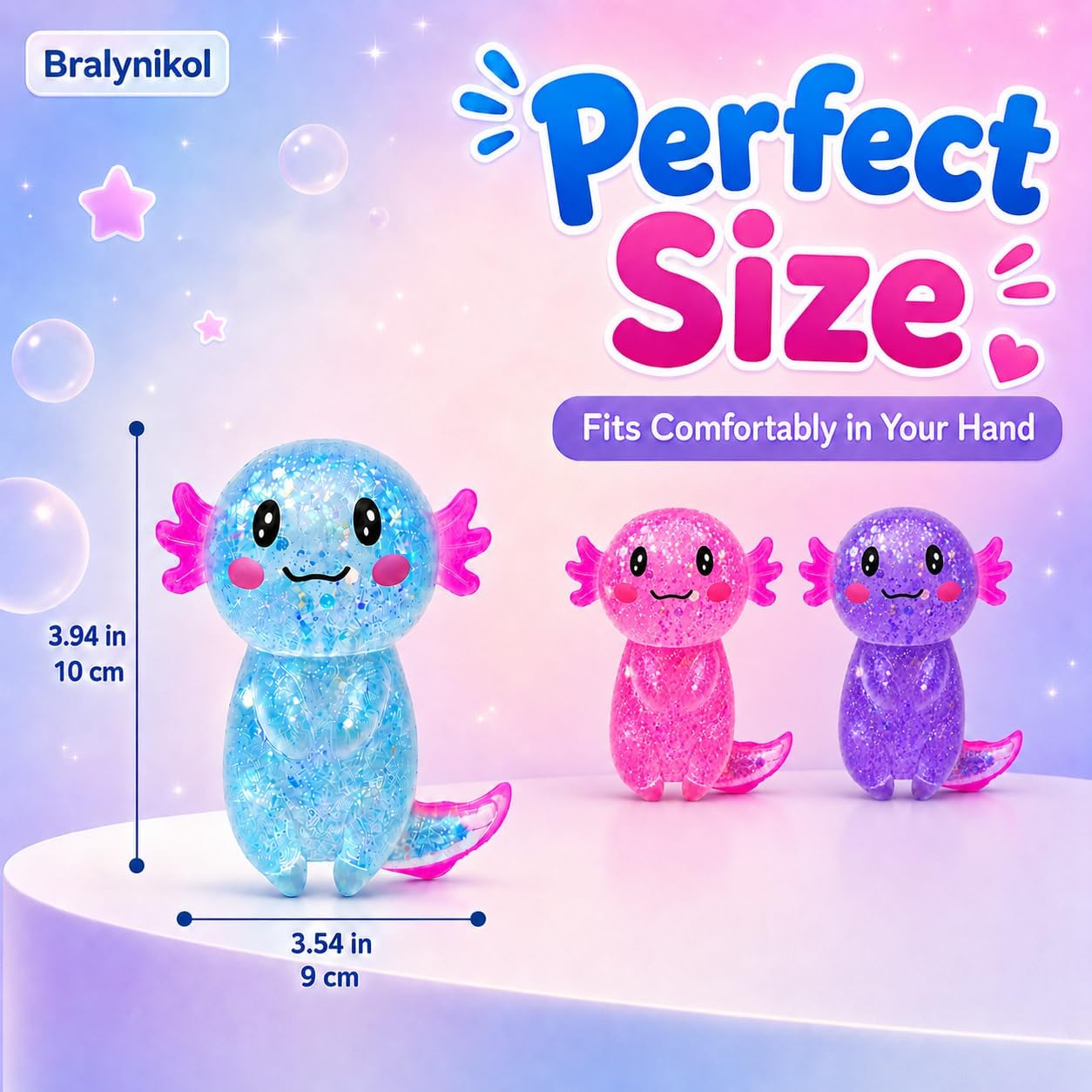 3 Pack Axolotl Squishy Stress Relief Toys, Cute Glitter Squeeze Toys for Kids & Adults, Soft Sensory Fidget Toys for Stress Relief, Party Favors Gift (Multi-Color) image 4