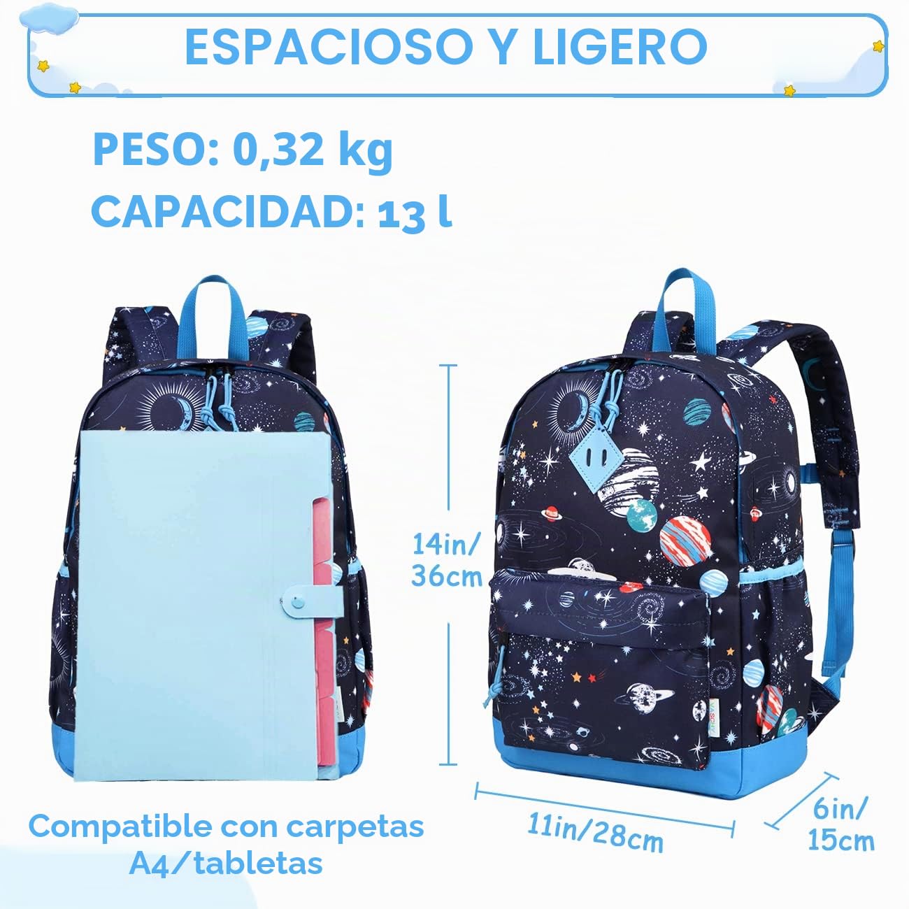 VASCHY Mochila Niña,Mochila Infantil 4-6 Años para Escolar Ajustar Carpeta A4 con Bolsillos Laterales y Correa en Pecho