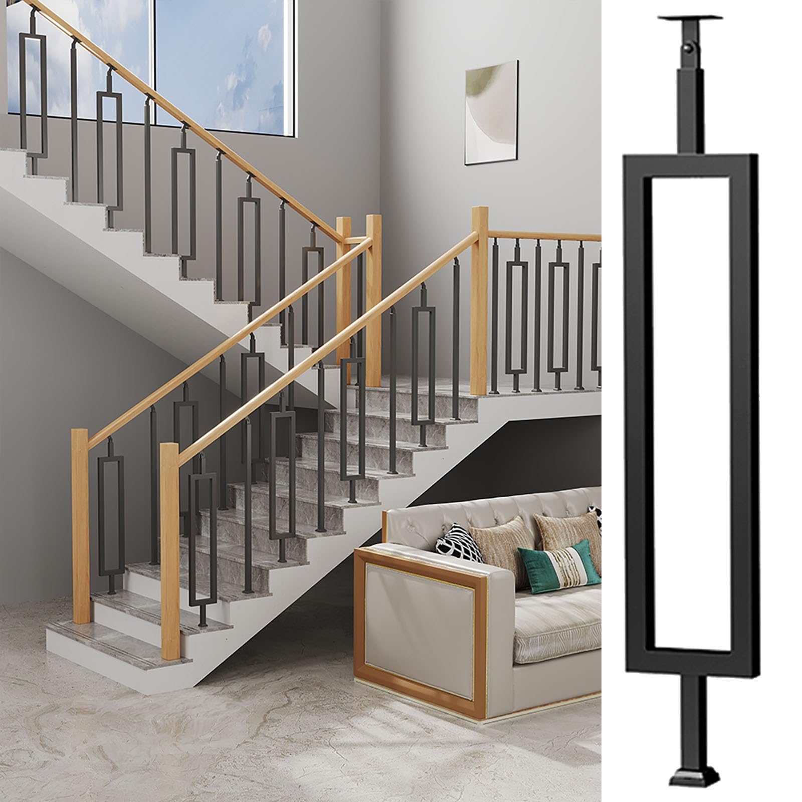 Floor Side Mounted Stairs Balusters For Interior Loft Stairway Wood Steps, 25 30 36 38 40 46 50 In Square Iron Staircase Spindles Adjustable Banister Kit, Black Gold White(Black-a,H 42in/106.7cm)