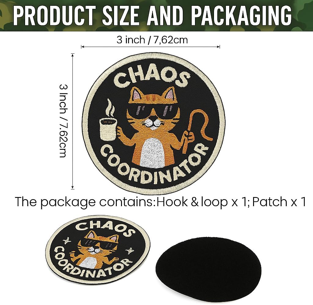 Chaos Coordinator Patch – 3 Inch Funny Cat Hook & Loop Patch with Coffee – Embroidered Hook & Loop Morale Patch for Backpacks, Vests, Hats, Gifts