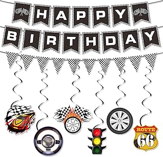 Race Car Birthday Banner Race Car Birthday Party Decorations Black and White Checkered Flag Banner Racing Cars Pennant Banners Flag Hanging Swirls Racing Cars Birthdays Party Supplies for Boys Kids