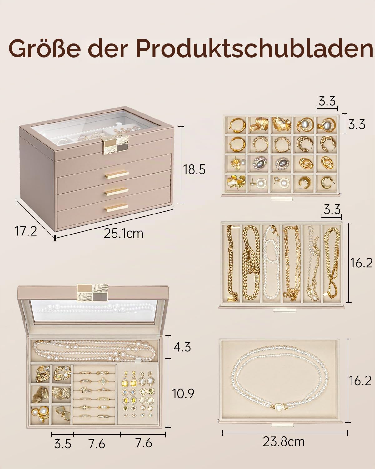 VLANDO Schmuckkästchen Groß, Schmuckaufbewahrung mit 4 Ebenen, PU leader