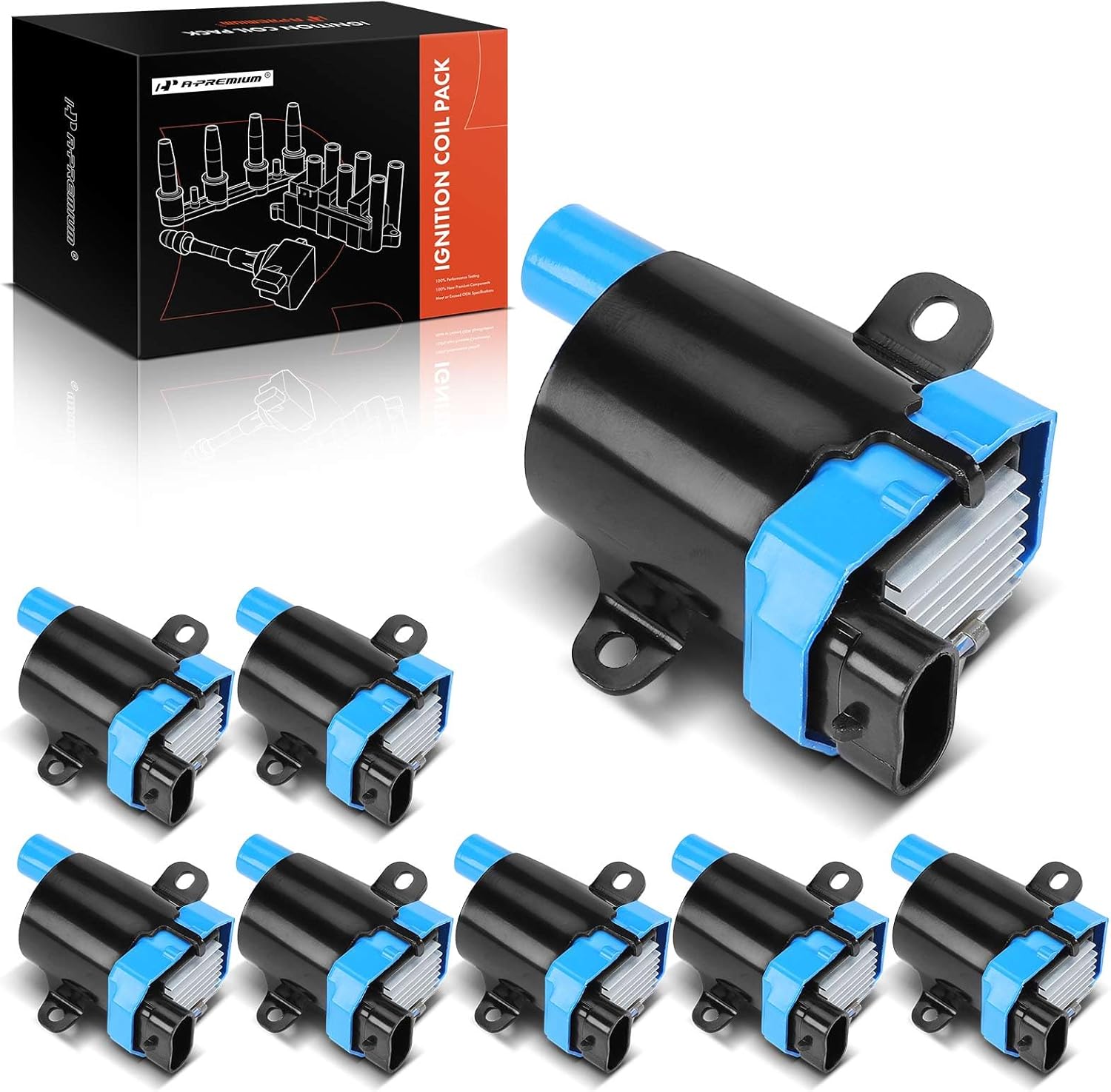 A-Premium Engine Ignition Coil Pack Compatible with Chevy Silverado 1500 2500 3500, Tahoe, Suburban, Express & GMC Sierra 3500 Classic, Yukon, Savana & Cadillac Escalade & Buick & Isuzu, 8-PC Set