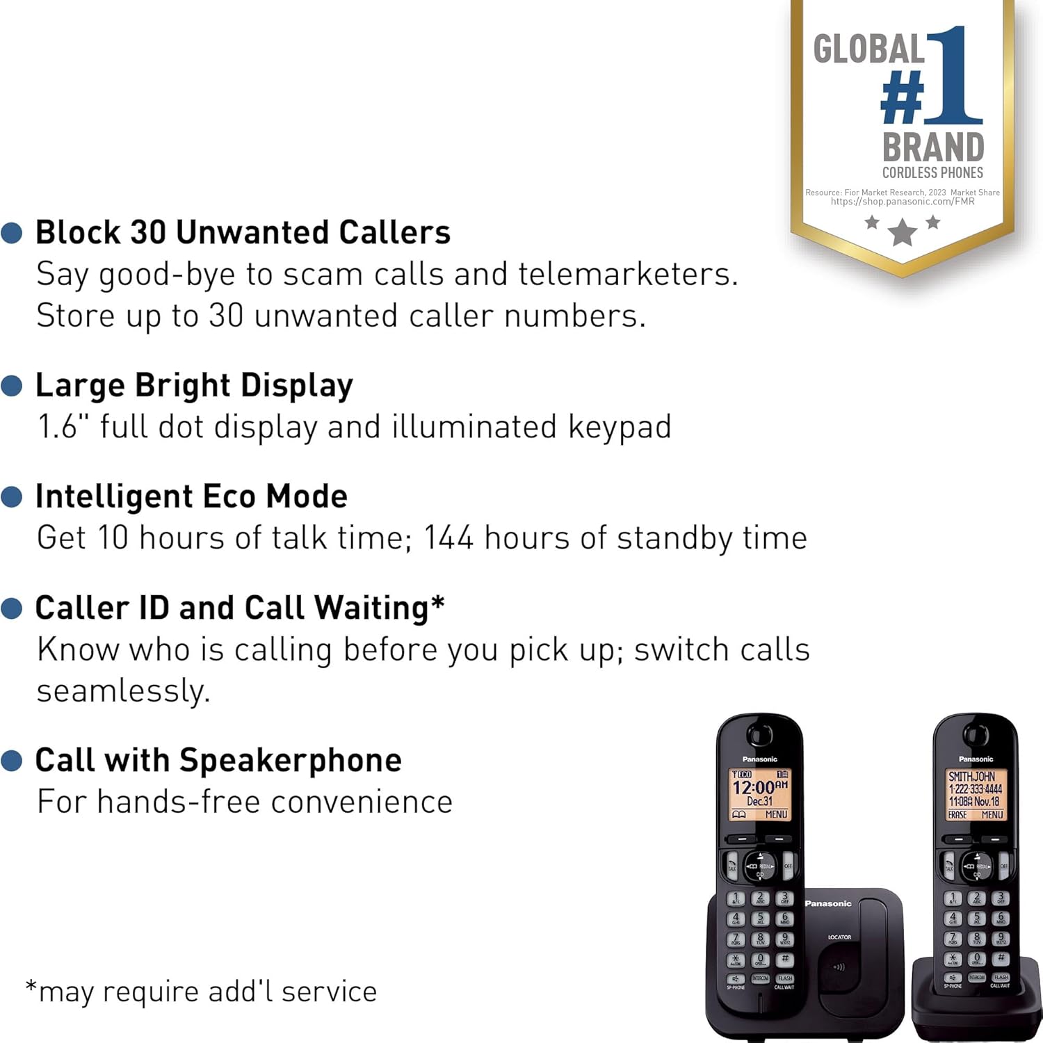 panasonic cordless phone, 1.6" backlit display, call block, speakerphone, 10 hours talk time, 2 handsets - kx-tgc202b (black) 2 handsets - no answering machine black