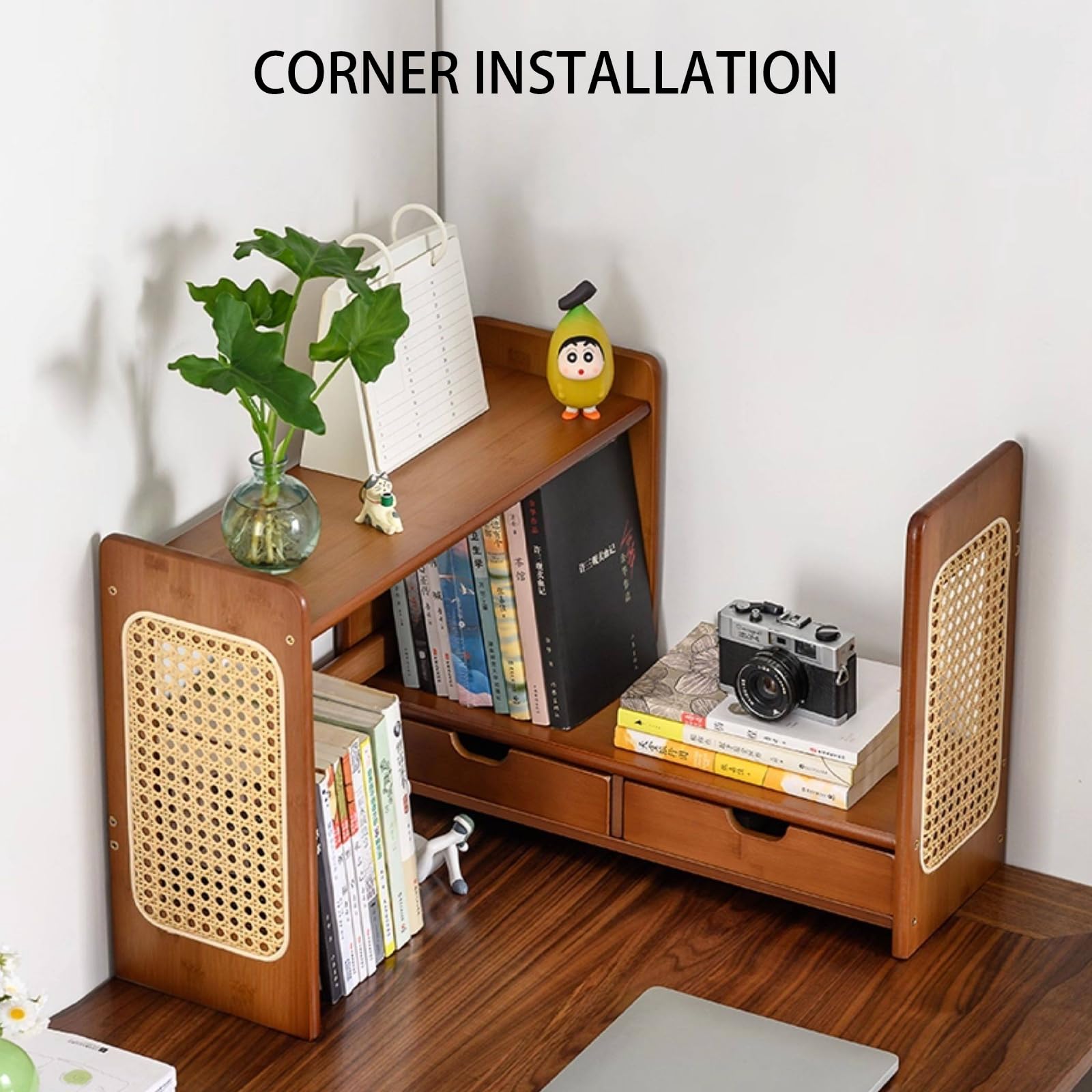 Scaffale per Libri Espandibile in Legno, Scaffale Ufficio Regolabile, Organizzatore Angolare Compatto per Scrivania e Piccoli Spazi walnut Solid wood panel