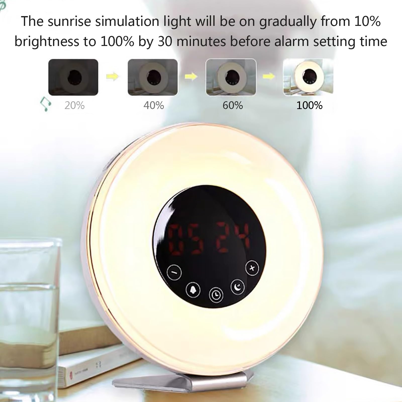 Reloj Despertador con Simulación De Amanecer y Atardecer, Luz De Despertador, Alarmas Duales, Ayuda para Dormir Snooze, Radio FM, Máquina De Sonido con Altavoz, Luz Nocturna De Guardería para Niños