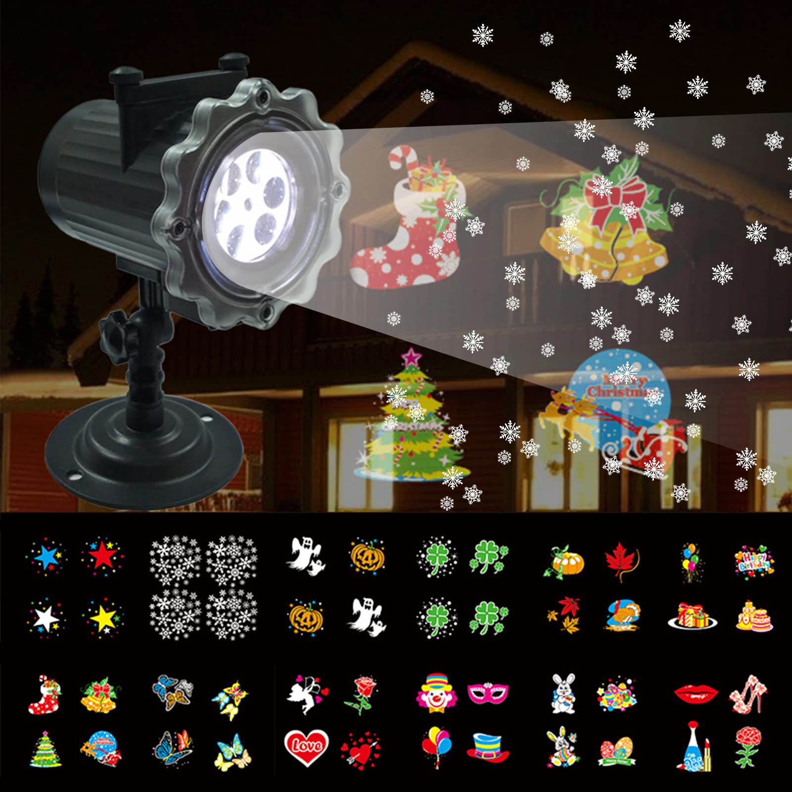 Luces De Proyector Navidad, LED Luz Proyector Exterior, Impermeable Lámpara De Proyección 12 Diapositivas, Decoracion Navidad Luz Proyector Nieve para Fiesta Halloween Valentín Festivos Boda