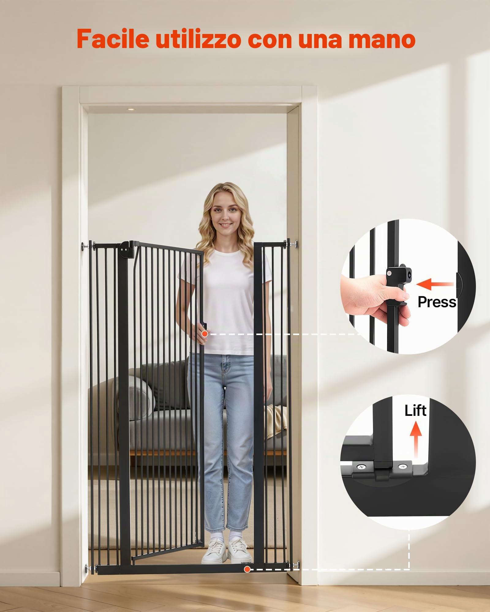 VEVOR Cancelletto per Animali Domestici Alto per Gatti, Cancello Larghezza Regolabile da 740 a 1050 mm Altezza 1420 mm, con Kit di Montaggio a Pressione e a Parete, per Protezione Caduta Scale Porte