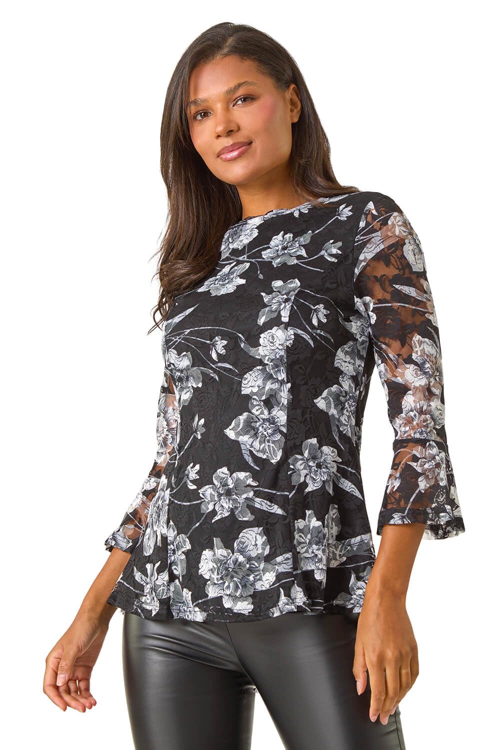Roman Originals Floral Lace Stretch Top for Women UK - Ladies Everyday Autumn Winter Round Neckline Comfy Soft Evening Vacation Work Party Night Out - Charcoal - Size 20