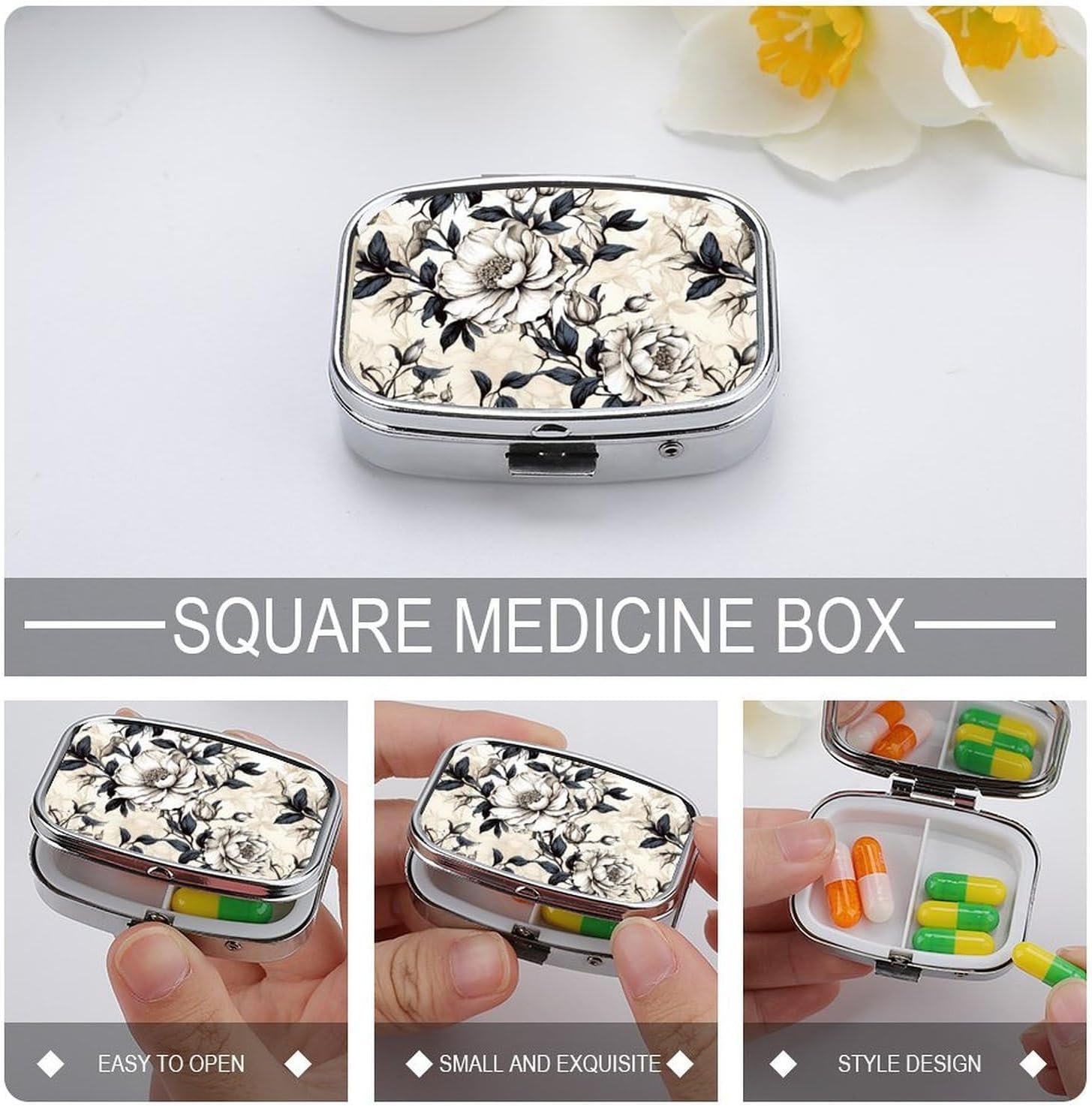 Pill Box 2 Compartment Metal Medicine Pill Organizer Retro Style Black and White Flowers Pill Case for Purse Or Pocket Cute Mini Portable Pill Holder Travel Pill Container to Hold Supplements image 4