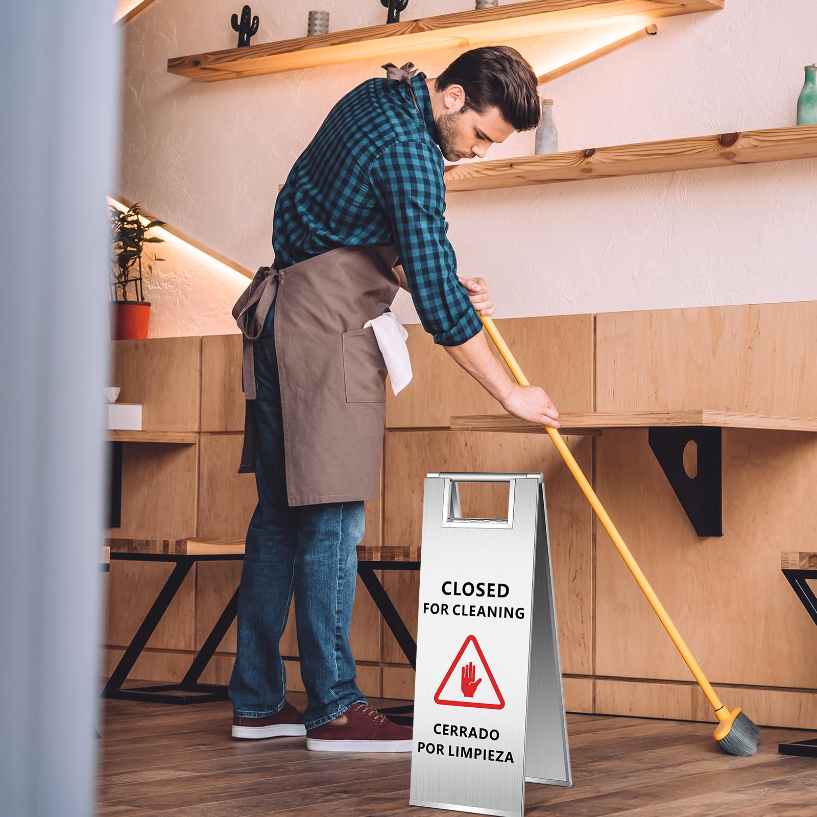 Yaocom 2 letreros de acero inoxidable cerrados para limpieza, letrero bilingüe de piso de 9.8 libras, mango cerrado, letrero de baño cerrado para limpieza, señales de advertencia industriales para