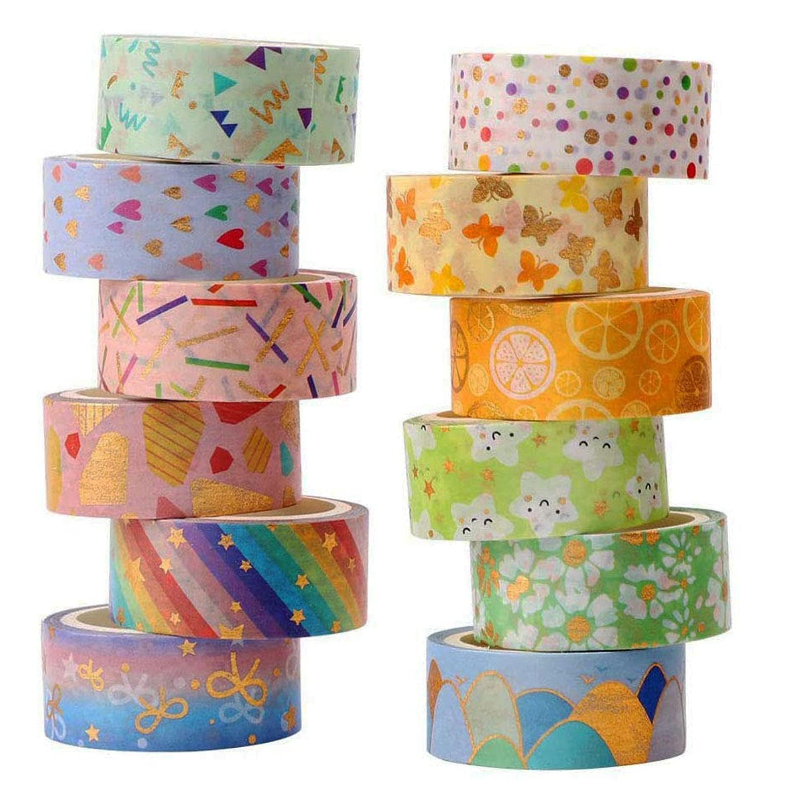 12 Rolls Washi Tape, Washi Tape Set Decorative Washi Tape Cute Gold Foil Flower Decorative Masking Tape for DIY Art & Crafts Scrapbooking Gift Wrapping, 15 mm x 3 m