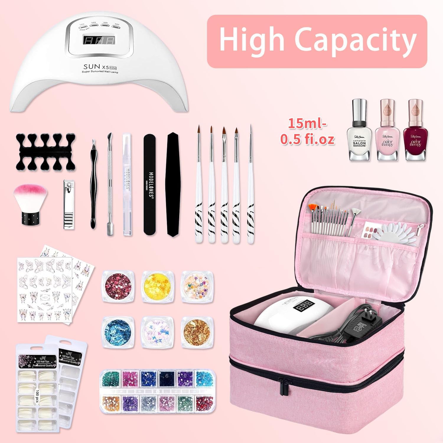 Nail Polish Storage Bag, Nail Lamp Case Nail Polish Carrying Case Holds 30 Bottles (15ml/0.5 fl.oz) Nail Kit Organizer Nail Supplies Storage Box with Manicure Tools Storage Sections(Pink)