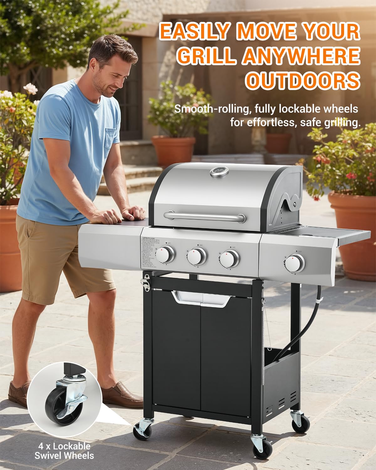 EUHOME 40,500 BTU 3-Burner Propane Gas Grill with Side Burner,Stainless Steel Outdoor BBQ Grill Portable with Wheels and Cast Iron Grates for Patio Garden Barbecue Cooking — view 7