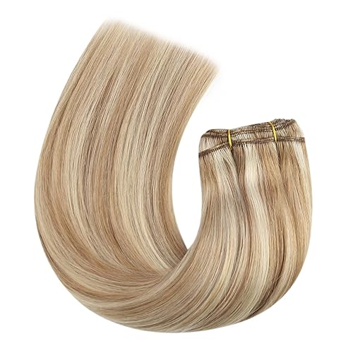 Miniatura 9 de Moresoo Extensiones de cabello humano real, color rubio con reflejos, extensiones de cabello humano Remy con reflejos de color castaño medio con