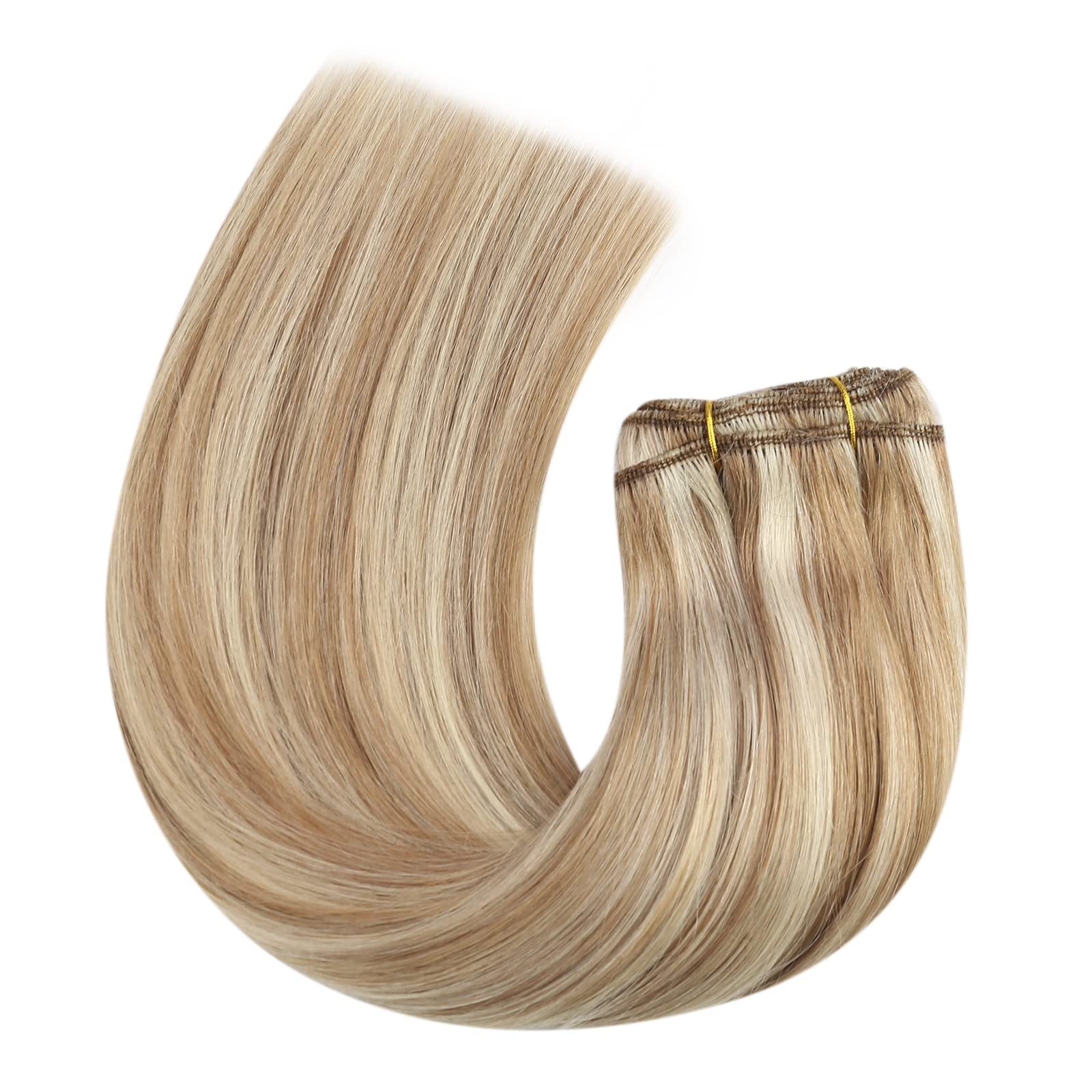 Moresoo Weft Hair Extensions Real Human Hair Medium Brown Highlighted Platinum Blonde Sew in Human Hair Extensions Brown to Blonde Full Head Remy Straight 18 Inch 100g/Pack #P6/60 — view 9