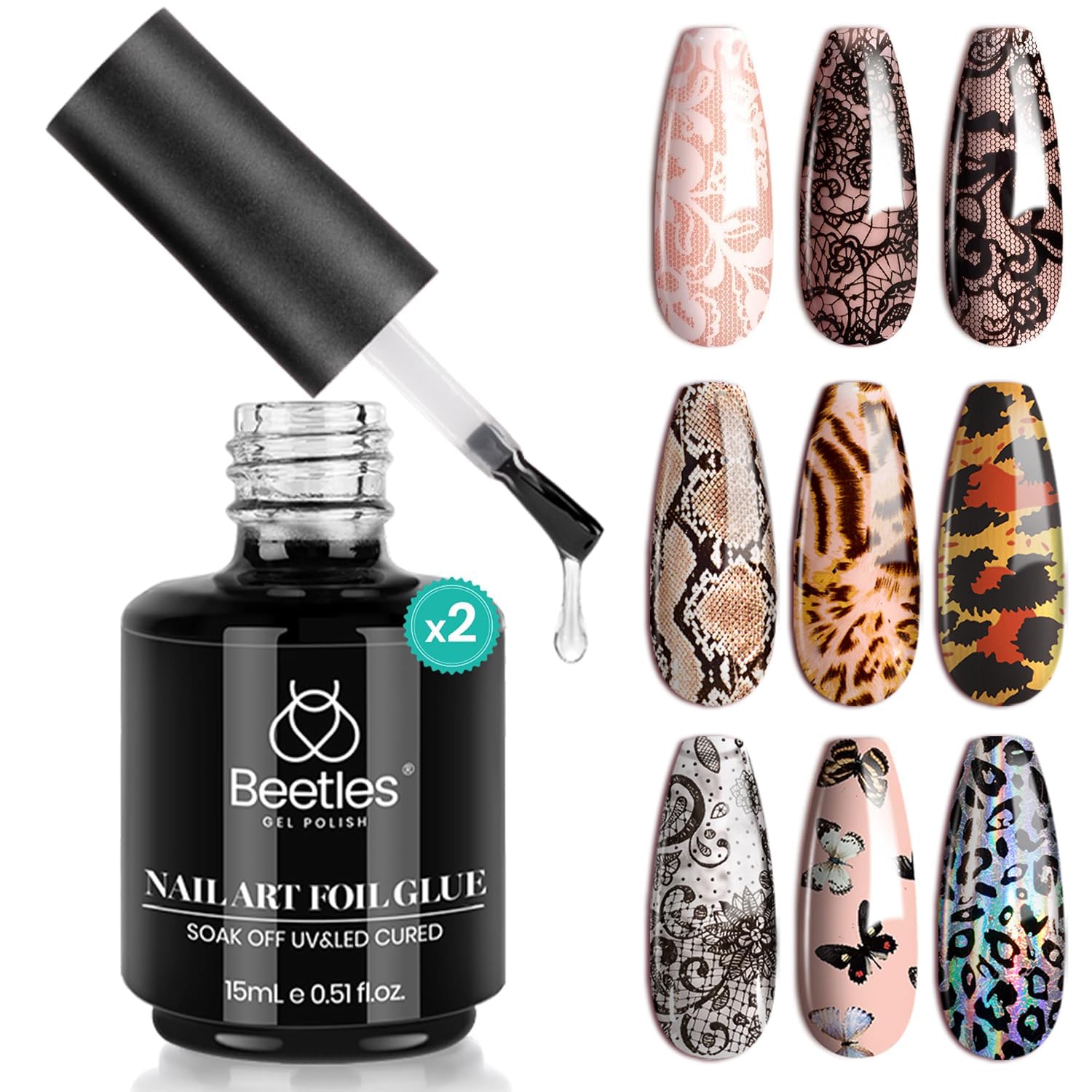 Beetles Nail Art Foil Glue Gel for Foil Stickers Nail Glue Transfer Tips Star Glues Nail Art Manicure DIY UV LED Lamp Required Soak Off 15ML 2 Bottle