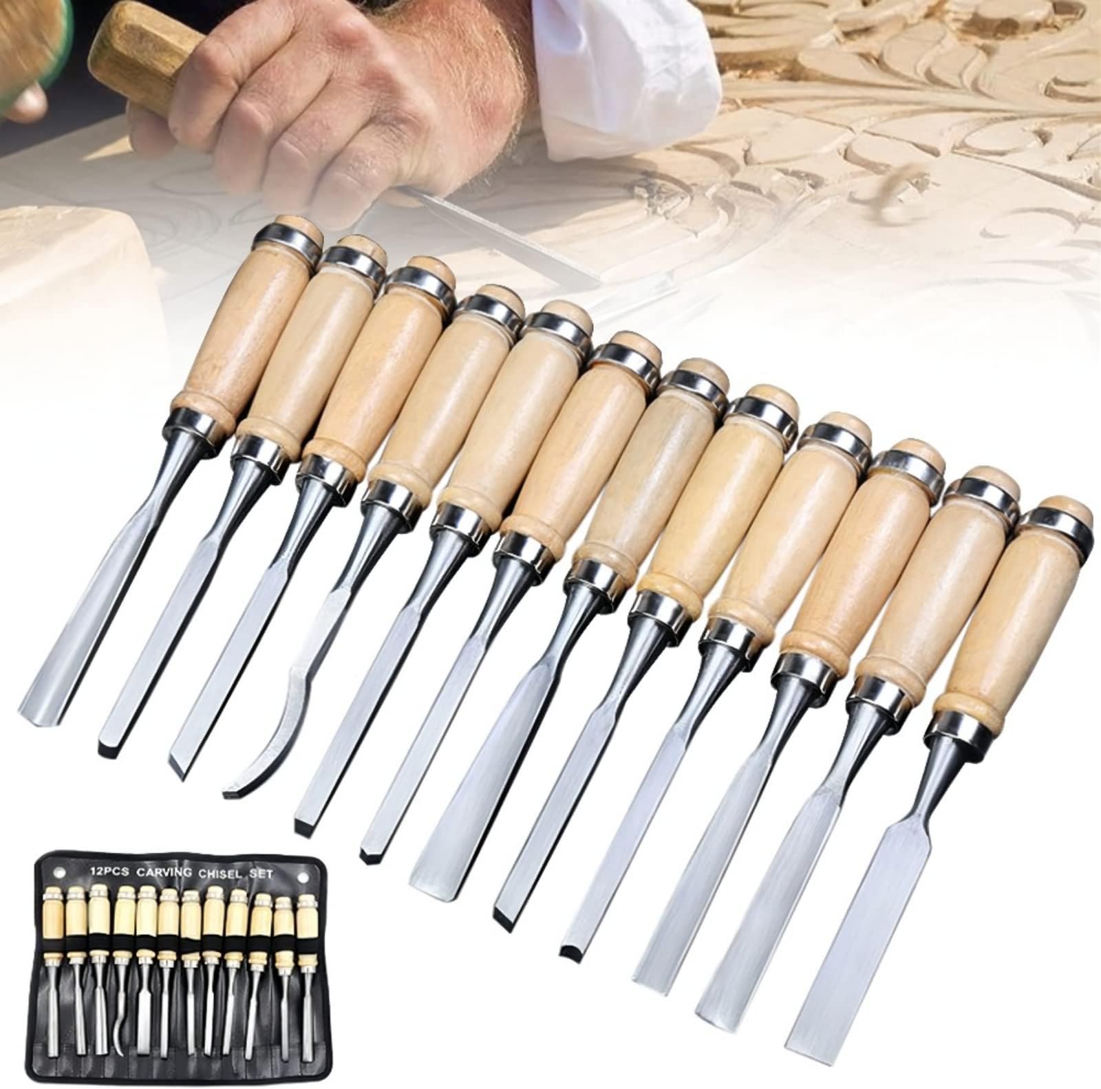 Sunkizzrs® 12Pcs Wood Carving Chisel Set — Chisel Set for Woodworking — Wood Carving Professional Tools Set — Woodworking Tools with Carrying Case - Great for Beginners & Pros
