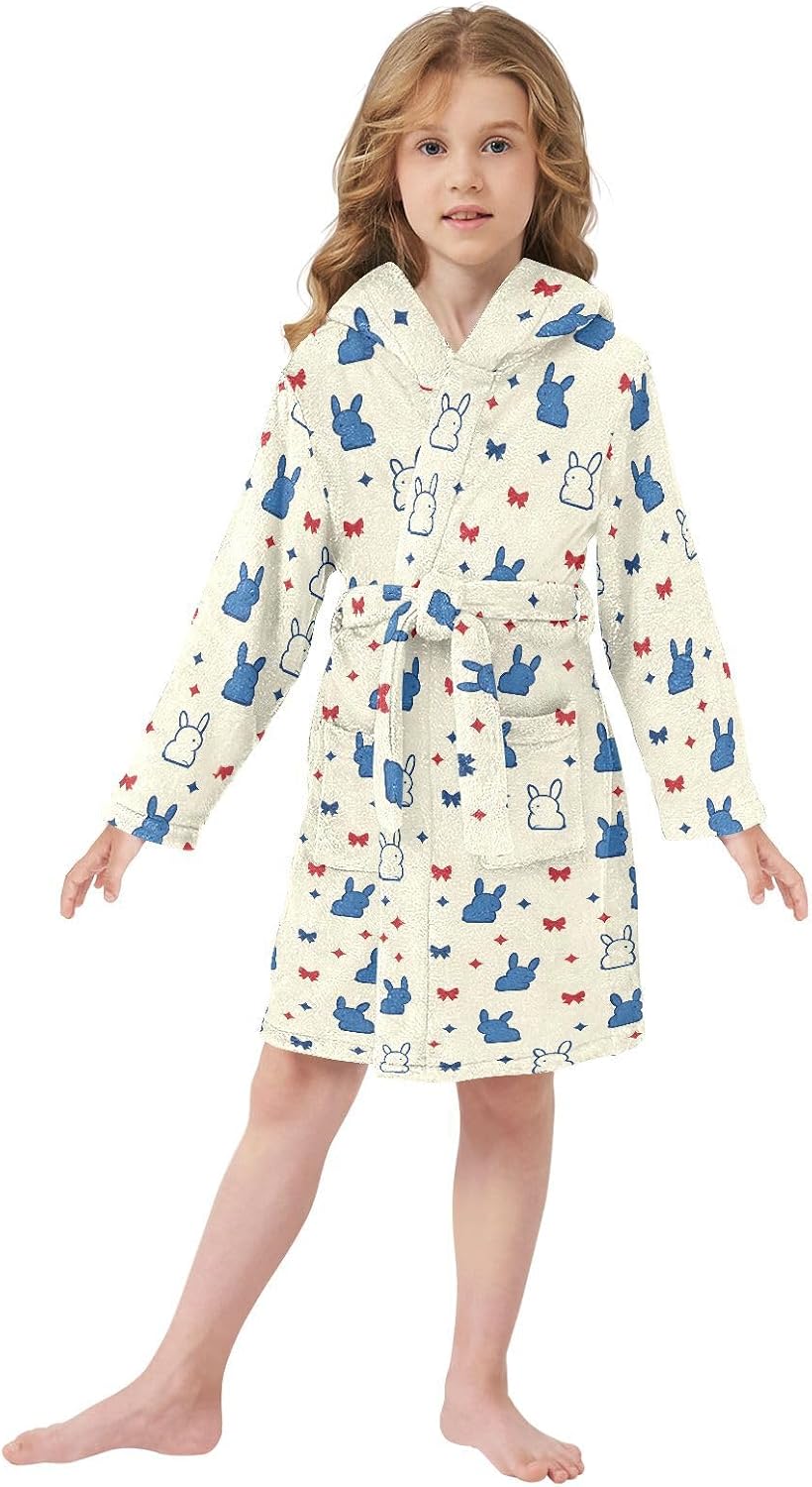 senya Cute Bunny Bow Red Toddler Hooded Bathrobe Kids Soft Plush Bath Towel Robes for Boys Girls 2-12 Years