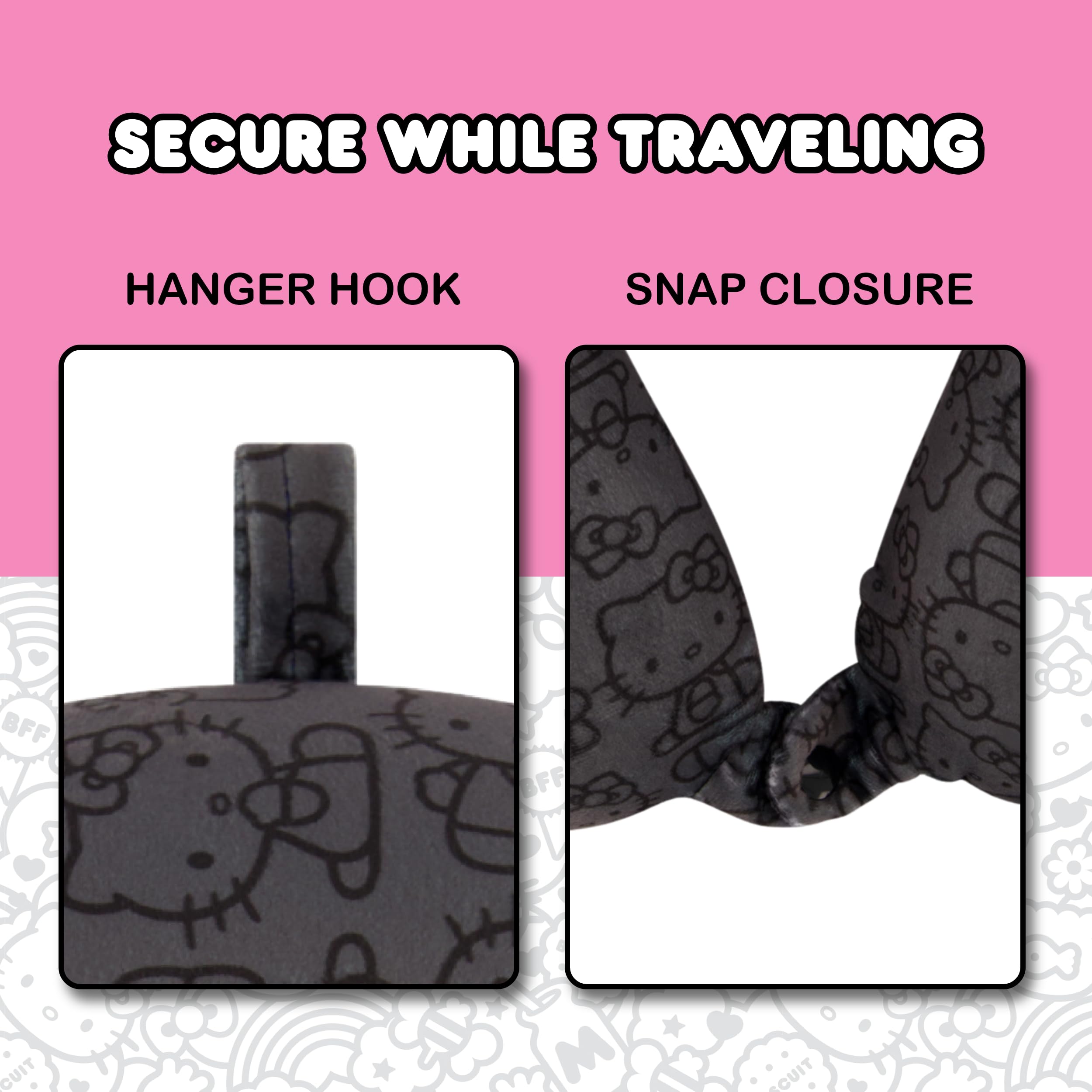 FUL Hello Kitty Neck Pillow, All Over Print Memory Foam Travel Accessories for Airplane, Car and Office, Comfortable and Breathable, Black