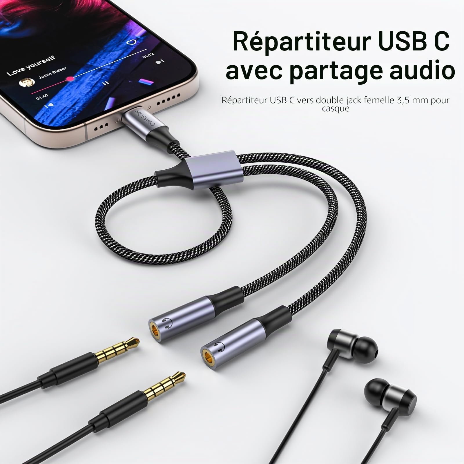 MOSWAG Adaptateur USB C vers Jack 3,5 mm, Adaptateur Double Jack USB C, Splitter Type C vers 3.5mm Écouteur Câble Compatible avec Pixel 7 6 Pro 5, Galaxy S23 S22 S21, 16 Pro Max/16 Pro