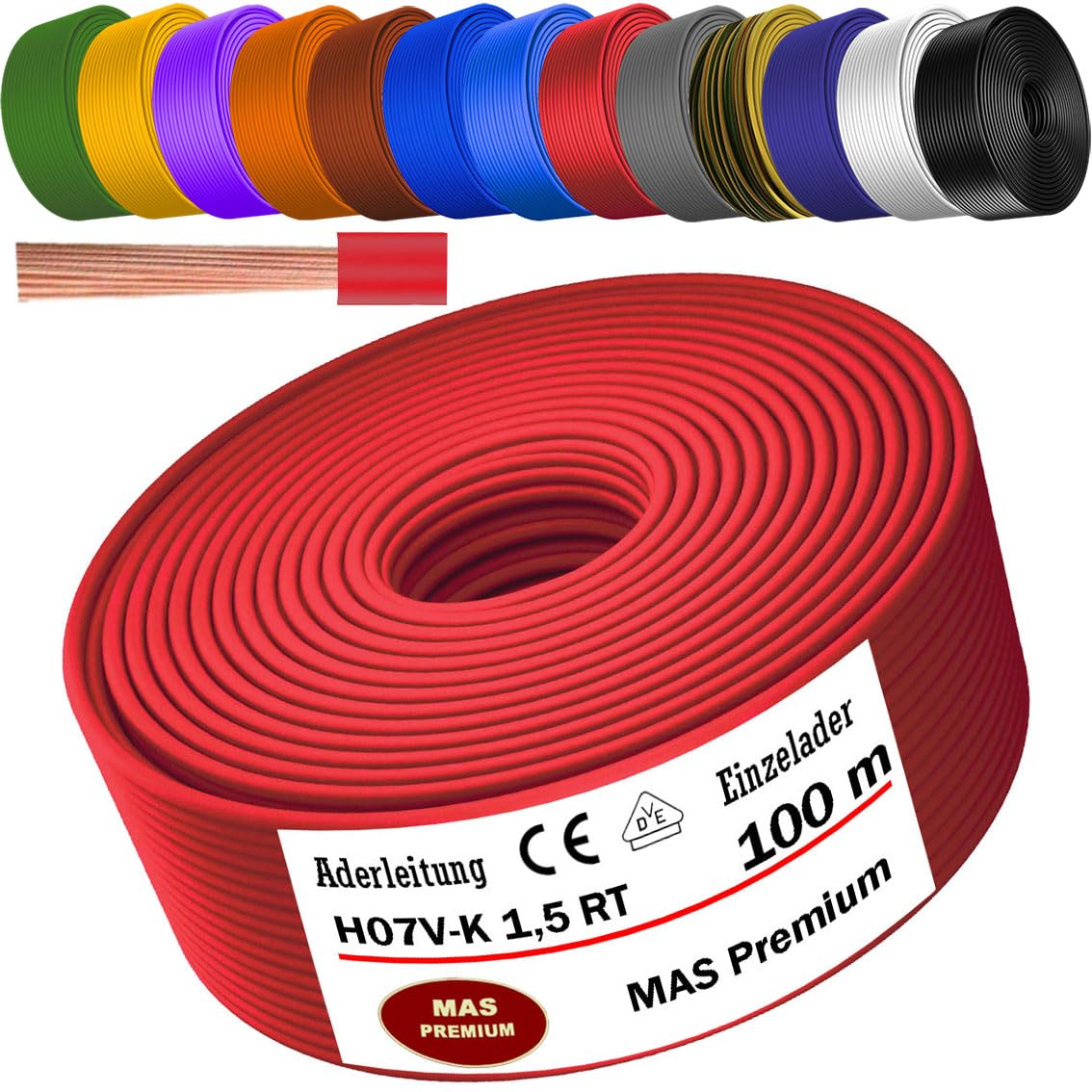 MAS Premium Cable Eléctrico H07 V-K 1 X 1,5 Mm² SW HBL GNGE GN RT DBL BR OR GR WS VIO U-MAR.BL O GE Cable Individual Flexible De 5 A 100 M (verde, 50