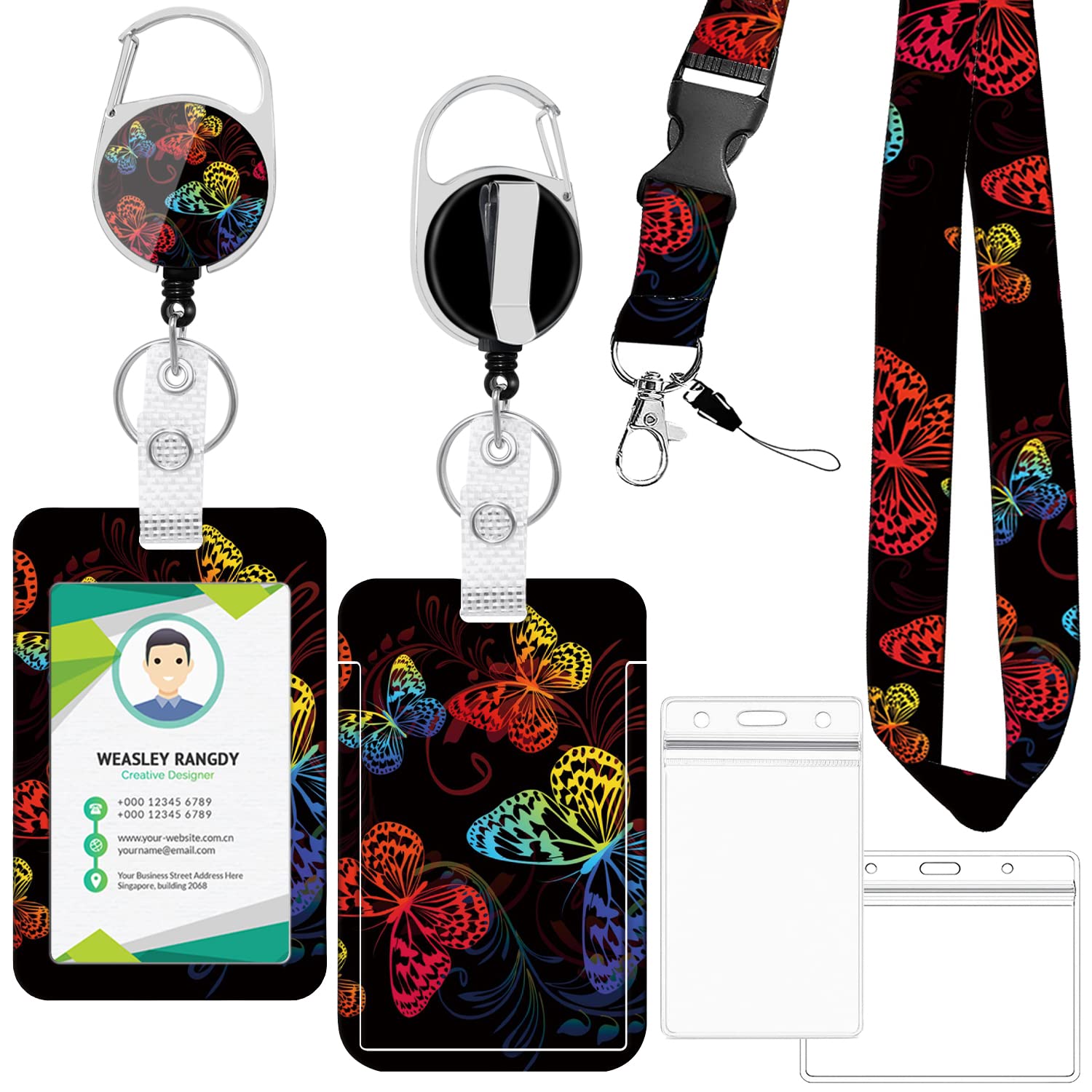 Retractable ID Badge Holder Reels + Adjustable Lanyards +2 Styles PVC ID Card Holder, Horizontal/Vertical, Keychain Name Badge Clip for Women Kids Nurse Teacher Gifts, Butterfly Print Style