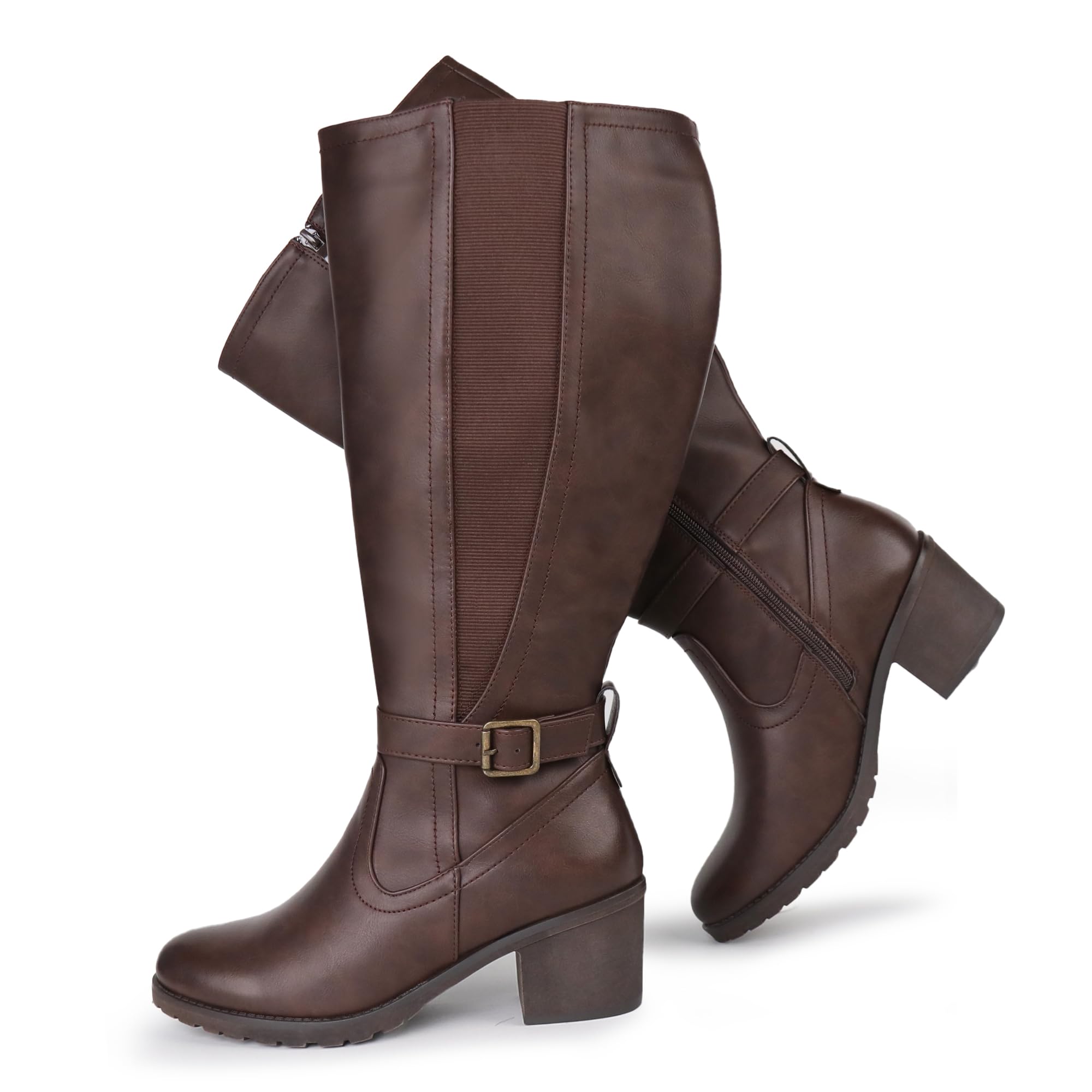 Botas altas hasta la rodilla con cremallera lateral y panel elástico de pantorrilla extra ancha para mujer con tacón de bloque
