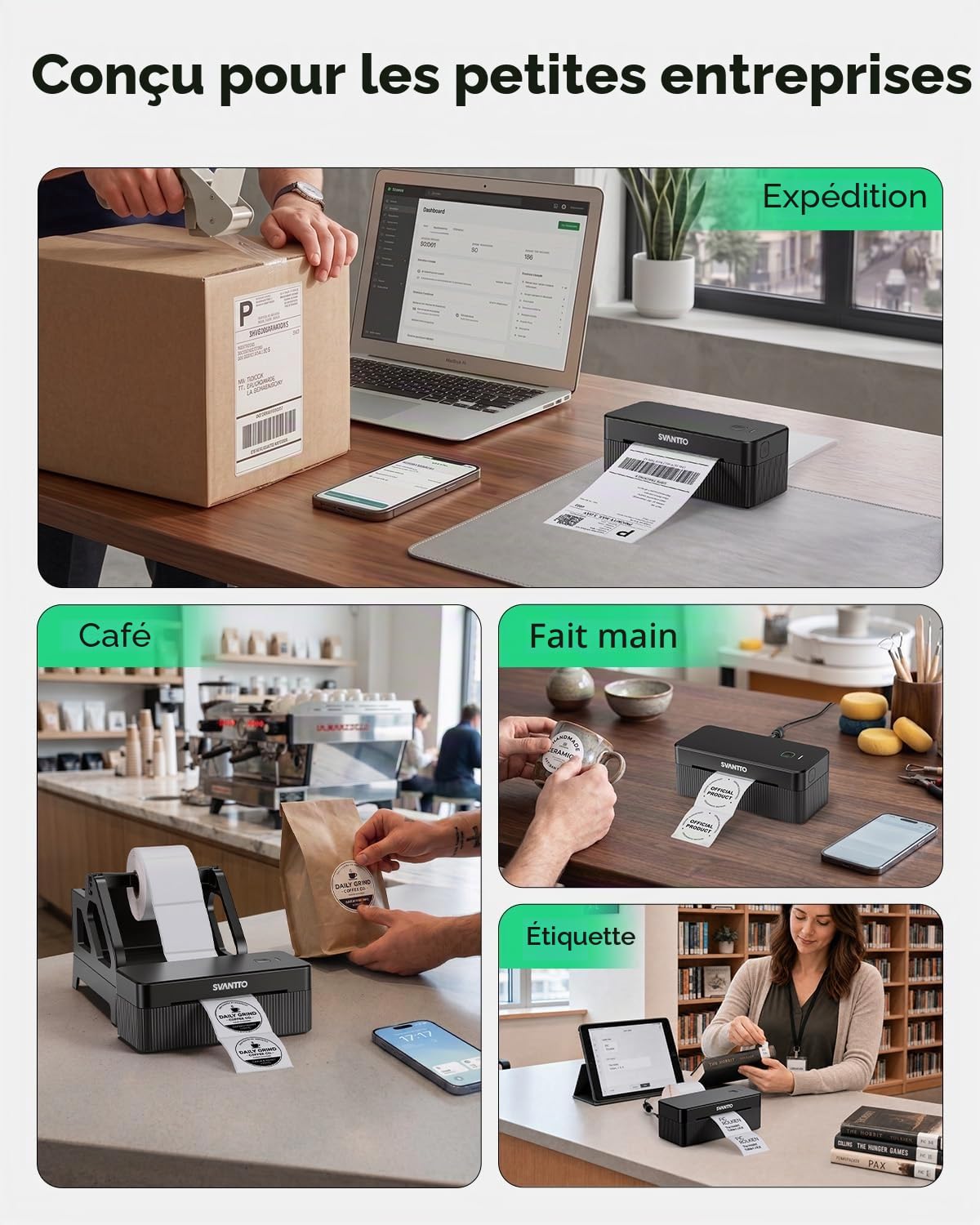 SVANTTO Imprimante Etiquette Expedition Bluetooth, Imprimante Etiquette Autocollante 4x6 pour Petites Entreprises, Compatible avec DHL, DPD, UPS, Shopify, iPhone, Mac, Windows, Noir