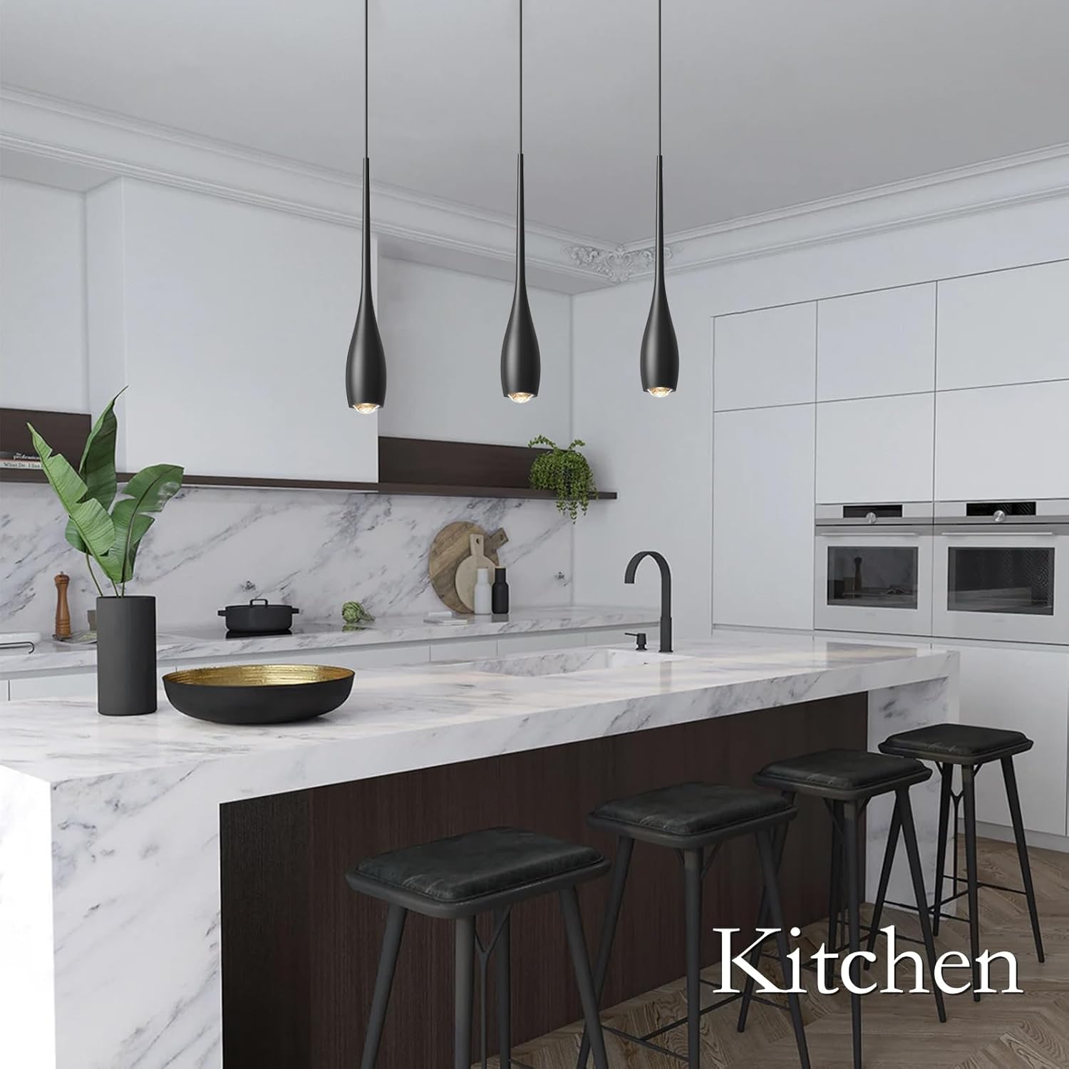 Black Pendant Lights Kitchen Island, Modern LED Pendant Light Fixtures, Small Mini Pendant Lighting Dimmable Hanging for Bathroom, Bar, Dining Room, Bedroom（2-Pack）