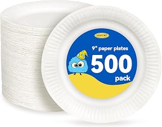 500 Count Paper Plates Bulk – 9 Inch Uncoated White Disposable Paper Plate, Bulk Pack Dinner & Lunch Plates for Party, Picnic, Everyday Meals, Microwave Safe（Dry Food Recommended）