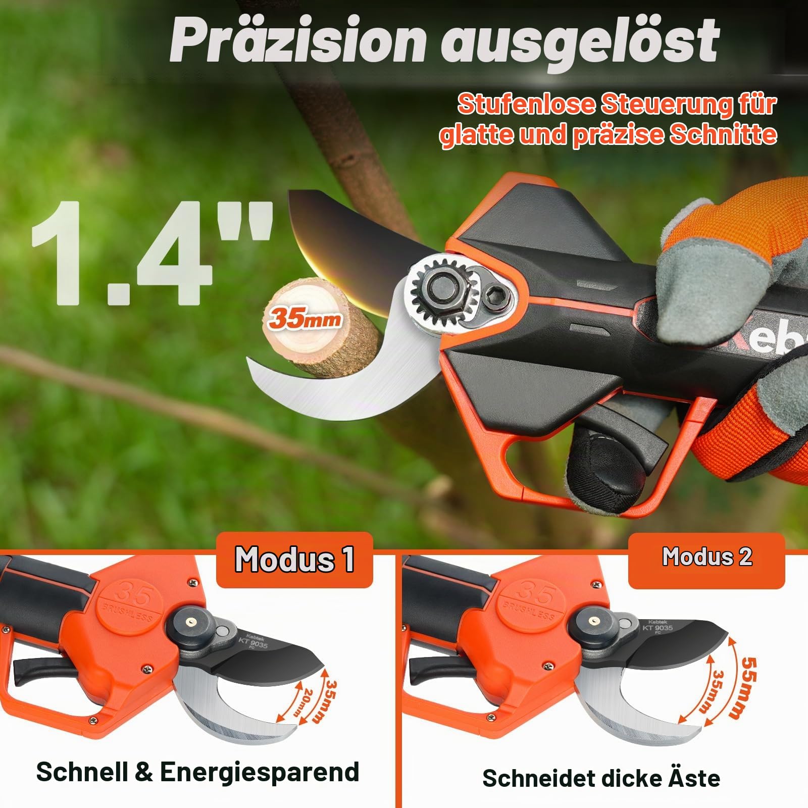 Kebtek KT 9035 Akku Astschere Teleskop, 2-In-1 Elektrische Gartenschere Teleskopstiel Max 40 mm(1.4") Schnittdurchmesser, mit 4000mAh Batterien 2.4m Verlängerungsstange, für Garten Baumbeschneidung