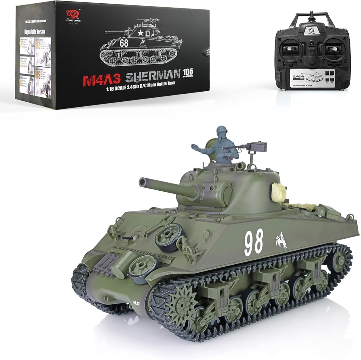 Heng Long US in Stock, RC Tank 2.4G 1/16 Scale 7.0 Plastic Version M4A3 Sherman Smoking Unit Battle Tank Military Transport Vehicles 340° Rotating Turret IR Combat Model 3898 BB Airsoft