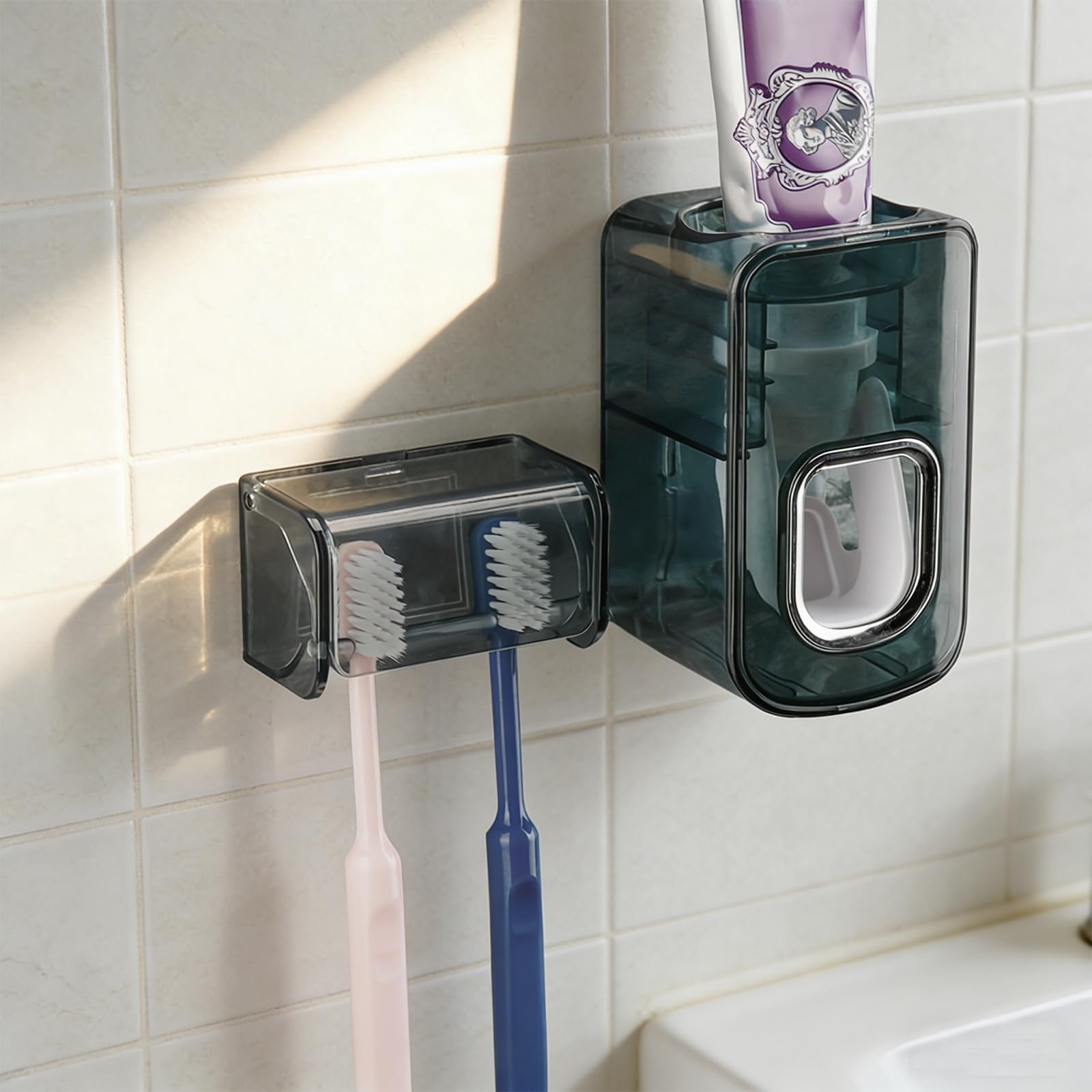 Toothbrush Holder Wall Mounted with Cover for Bathroom, 2 Slots Toothbrush Storage Organizer for Shower, Self Adhesive Toothbrush Hanger with Automatic Toothpaste Squeezer Dispenser
