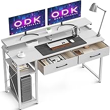 مكتب Hبيض مع درجين، مكتب كمبيوتر مع ارفف وحامل شاشة، طاولة مكتب مع رف كتب، طاولة كمبيوتر للمكتب المنزلي، (أبيض، 120 × 50 × 87 سم) من او دي كيه